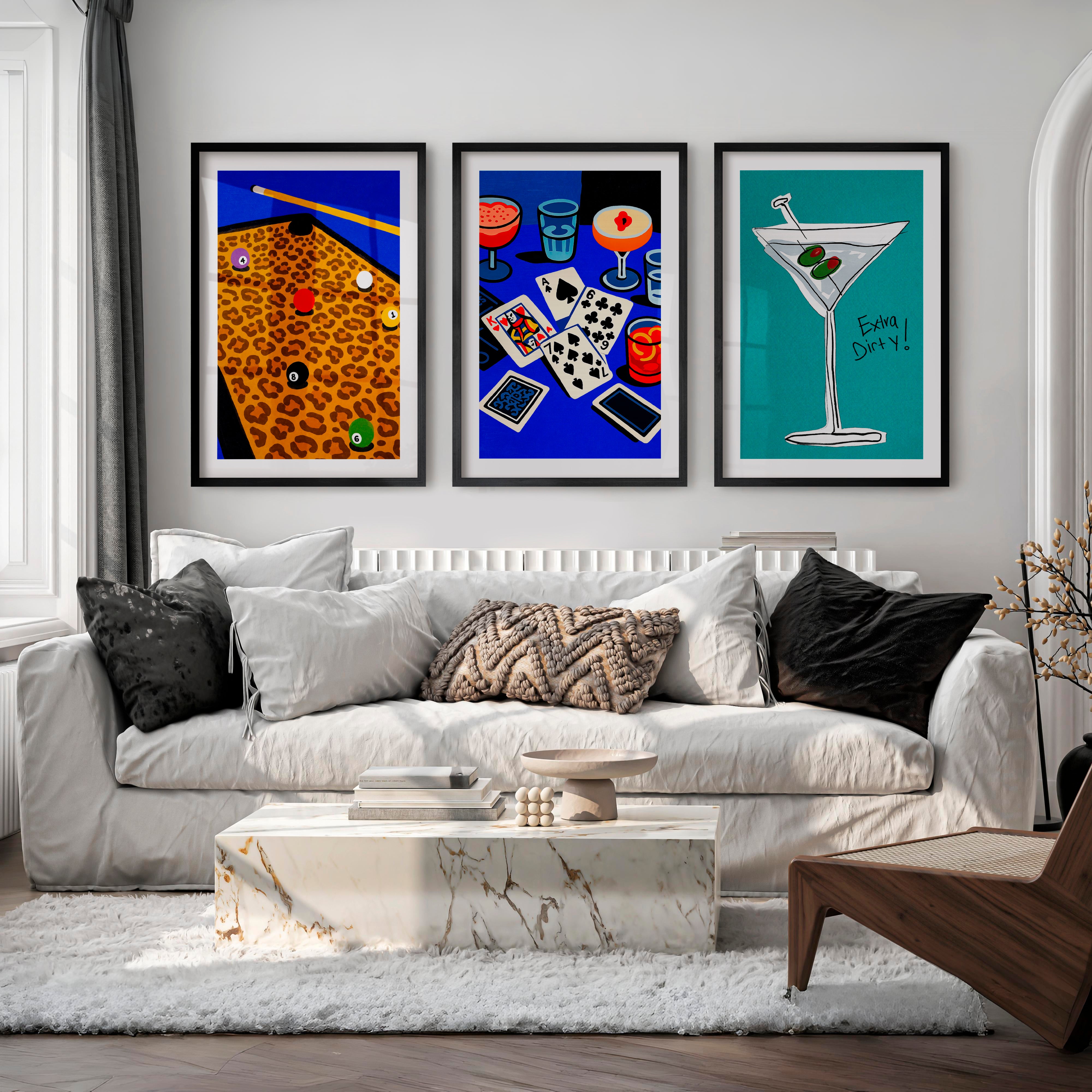 Pool Table and Martini Retro Pictures for Wall Print - Black Framed Poster with White Border - Artworksets