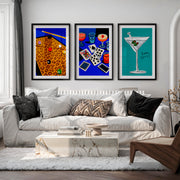 Pool Table and Martini Retro Pictures for Wall Print - Black Framed Poster with White Border - Artworksets