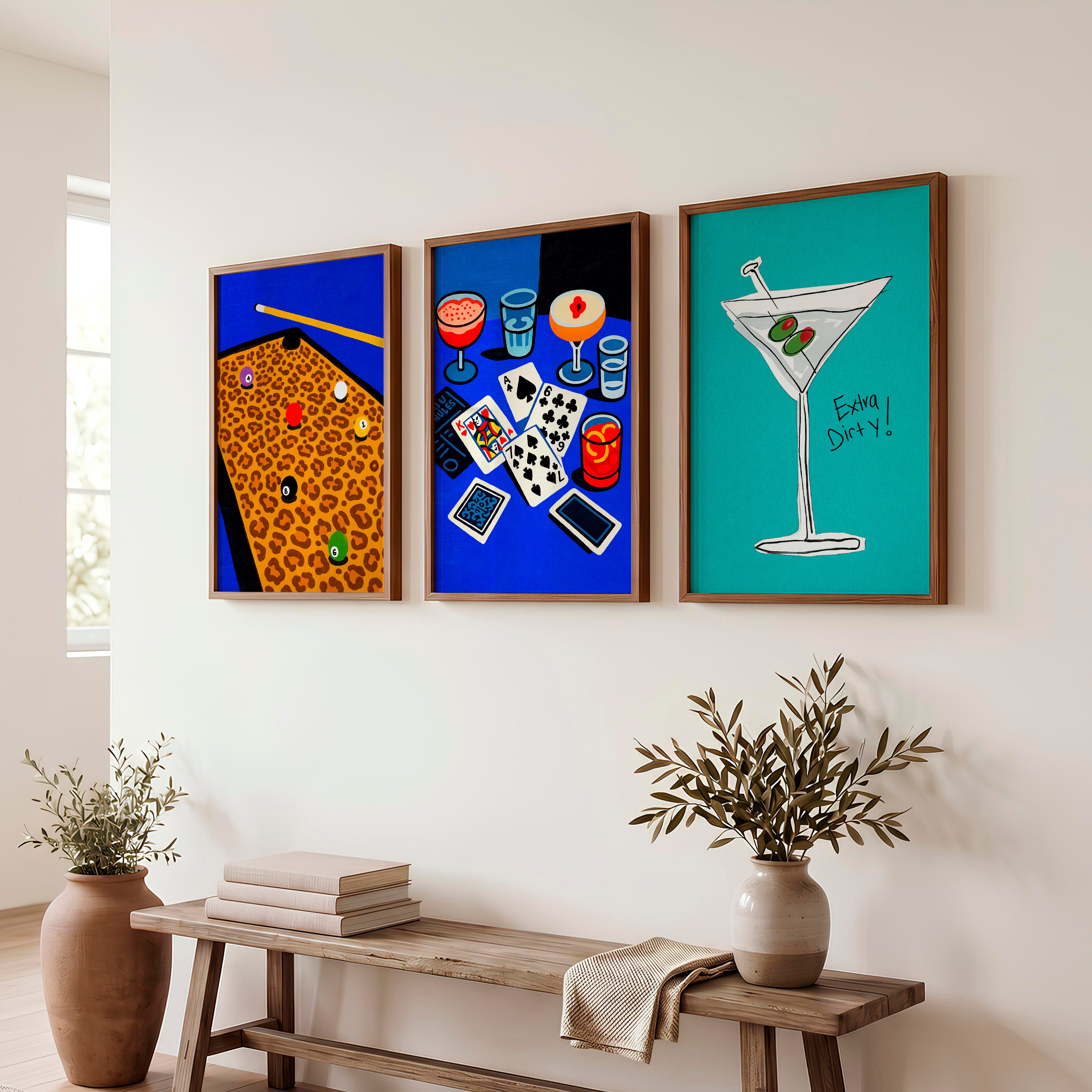 Pool Table and Martini Retro Pictures for Wall Print - Dark Brown Framed Poster No Border - Artworksets