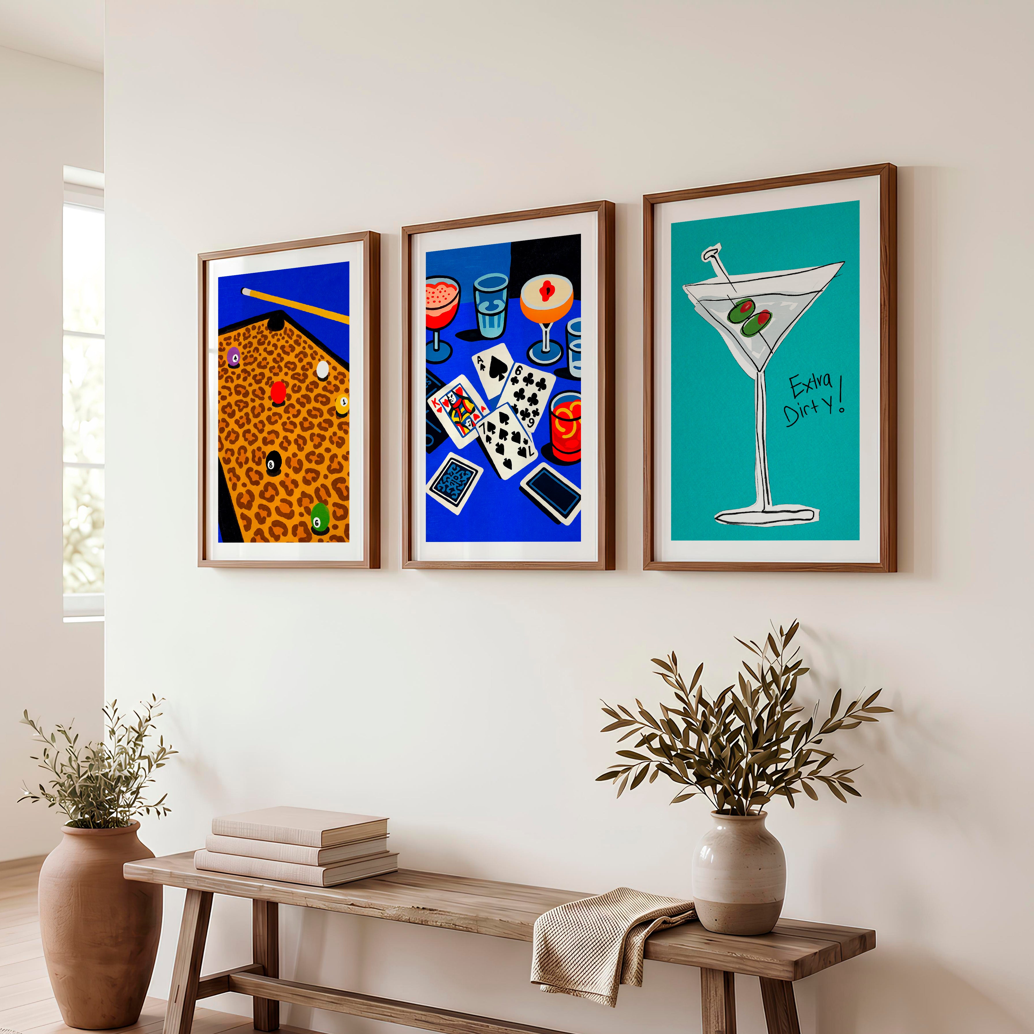 Pool Table and Martini Retro Pictures for Wall Print - Dark Brown Framed Poster with White Border - Artworksets