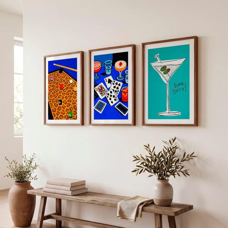 Pool Table and Martini Retro Pictures for Wall Print - Dark Brown Framed Poster with White Border - Artworksets