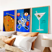 Pool Table and Martini Retro Pictures for Wall Print - Natural Wood Framed Poster No Border - Artworksets