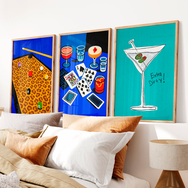 Pool Table and Martini Retro Pictures for Wall Print - Natural Wood Framed Poster No Border - Artworksets