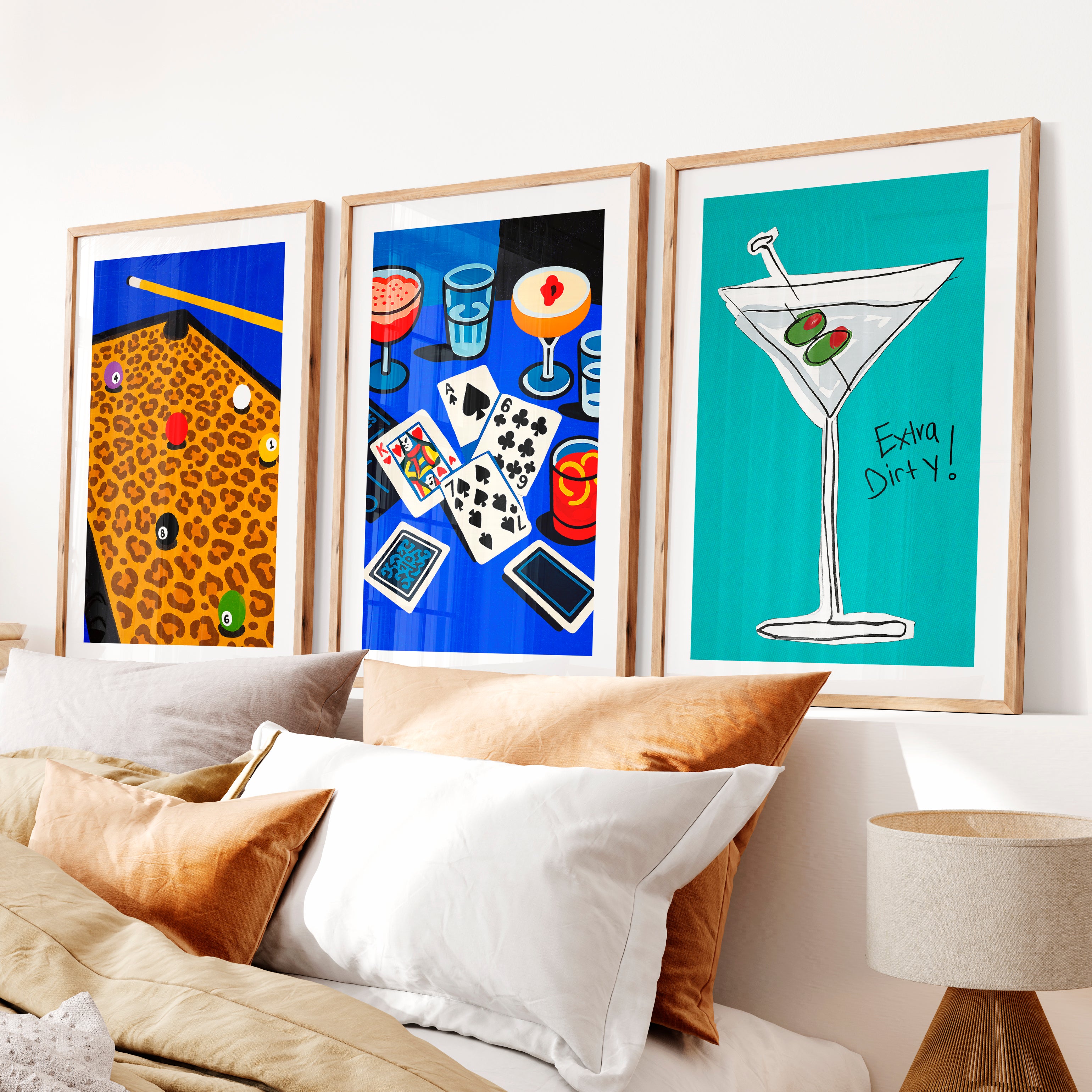 Pool Table and Martini Retro Pictures for Wall Print- Natural Wood Framed Poster with White Border - Artworksets