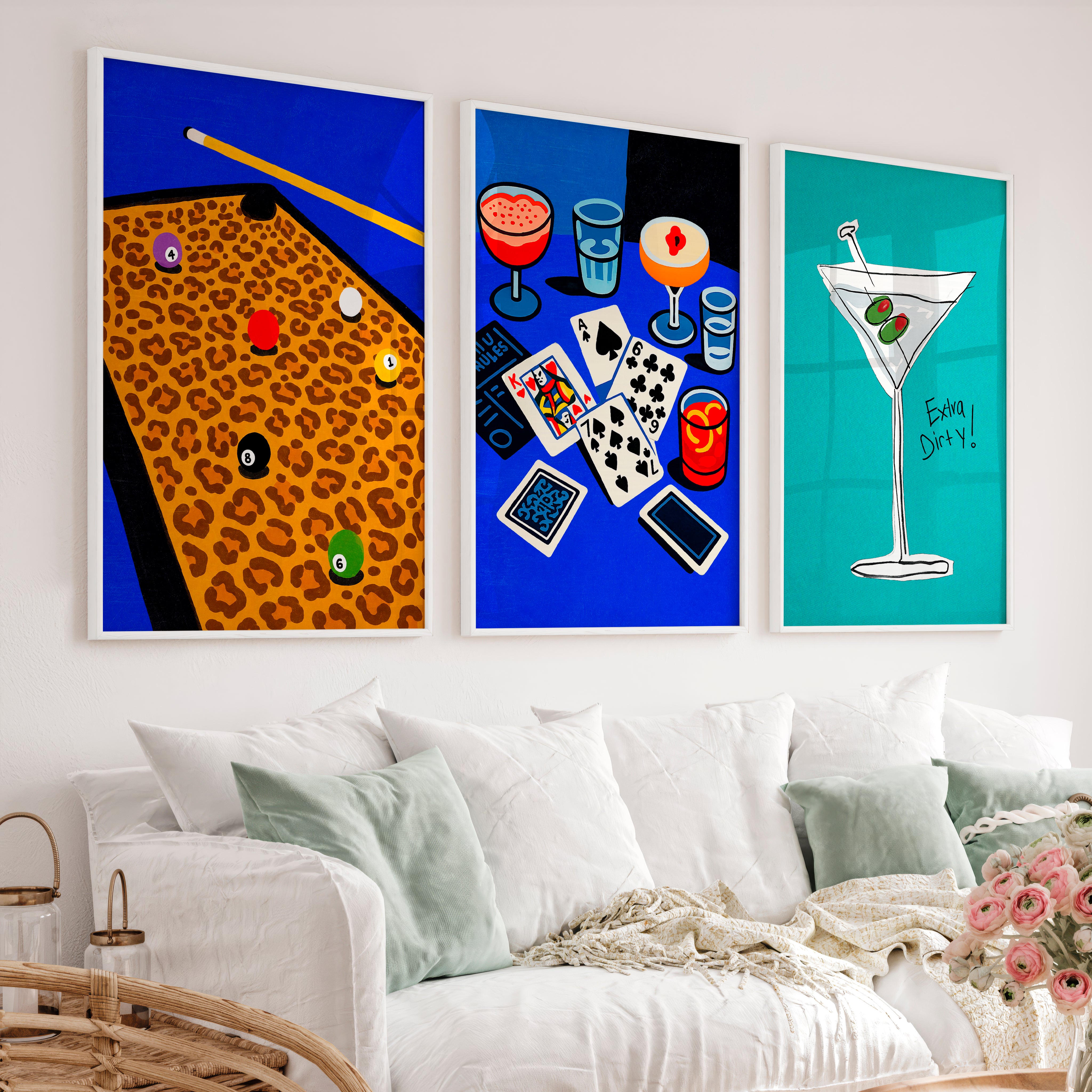 Pool Table and Martini Retro Pictures for Wall Print - White Framed Poster No Border - Artworksets