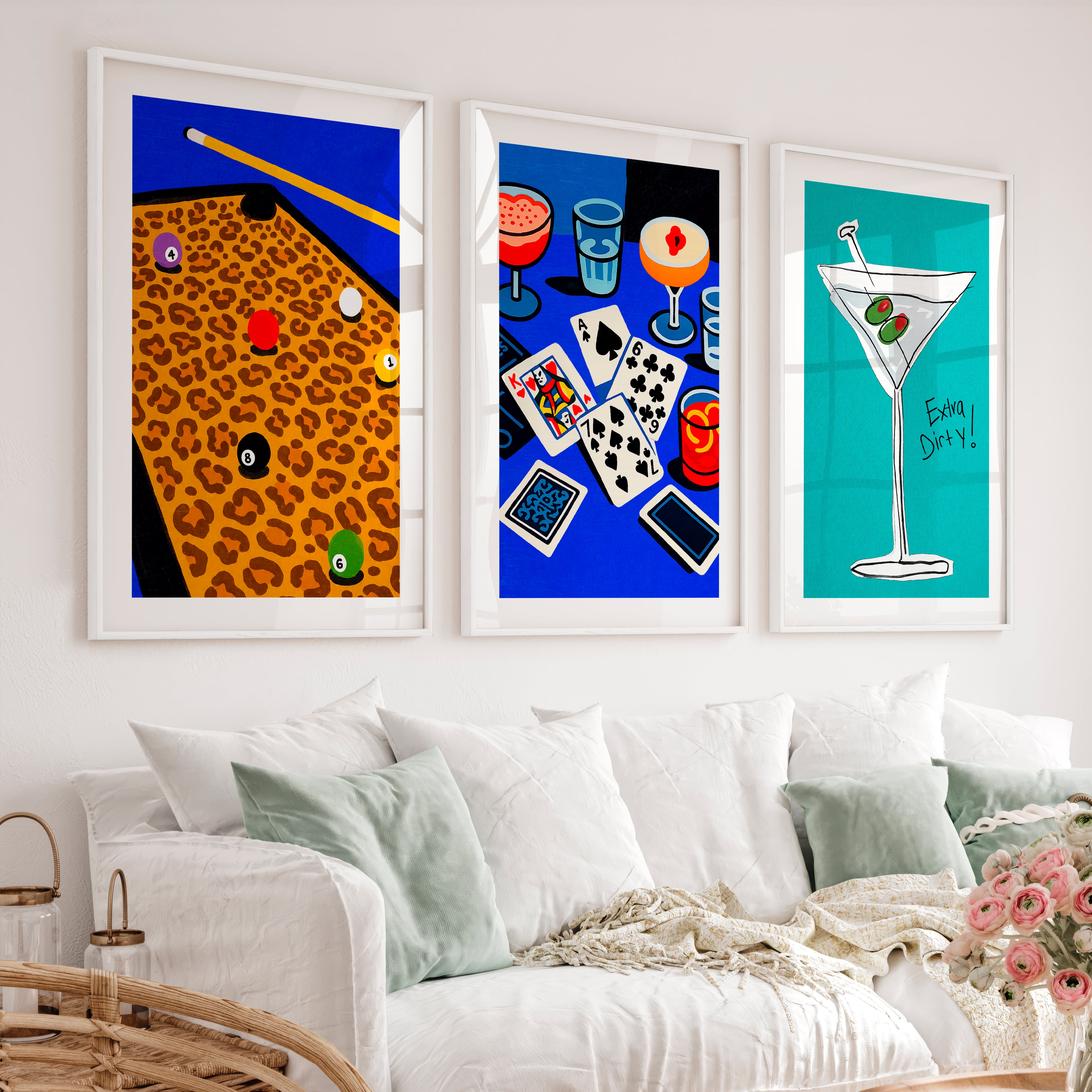 Pool Table and Martini Retro Pictures for Wall Print - White Framed Poster with White Border - Artworksets
