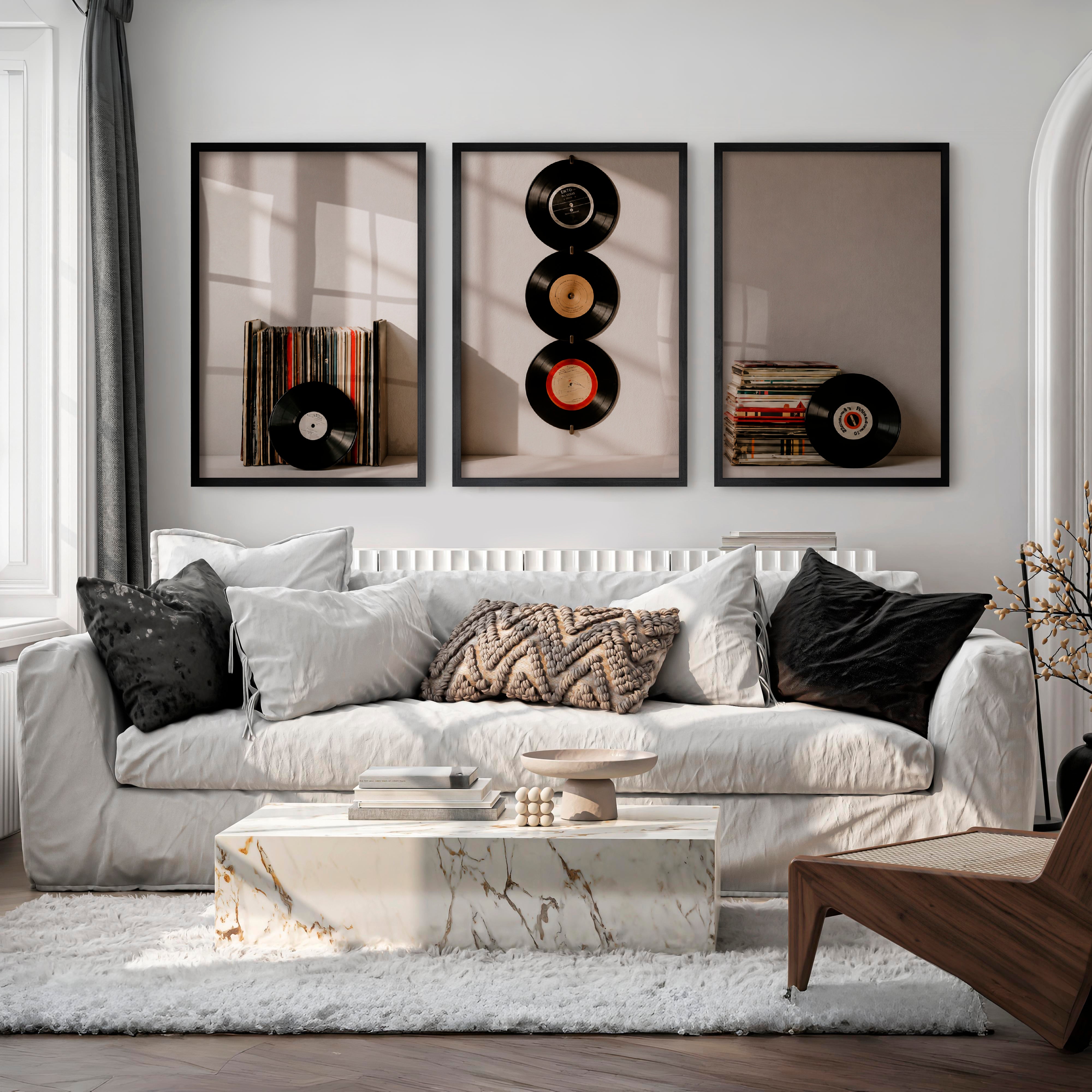 Retro Pictures for Wall with Hanging Vinyl Records - Black Framed Poster No Border - Artworksets