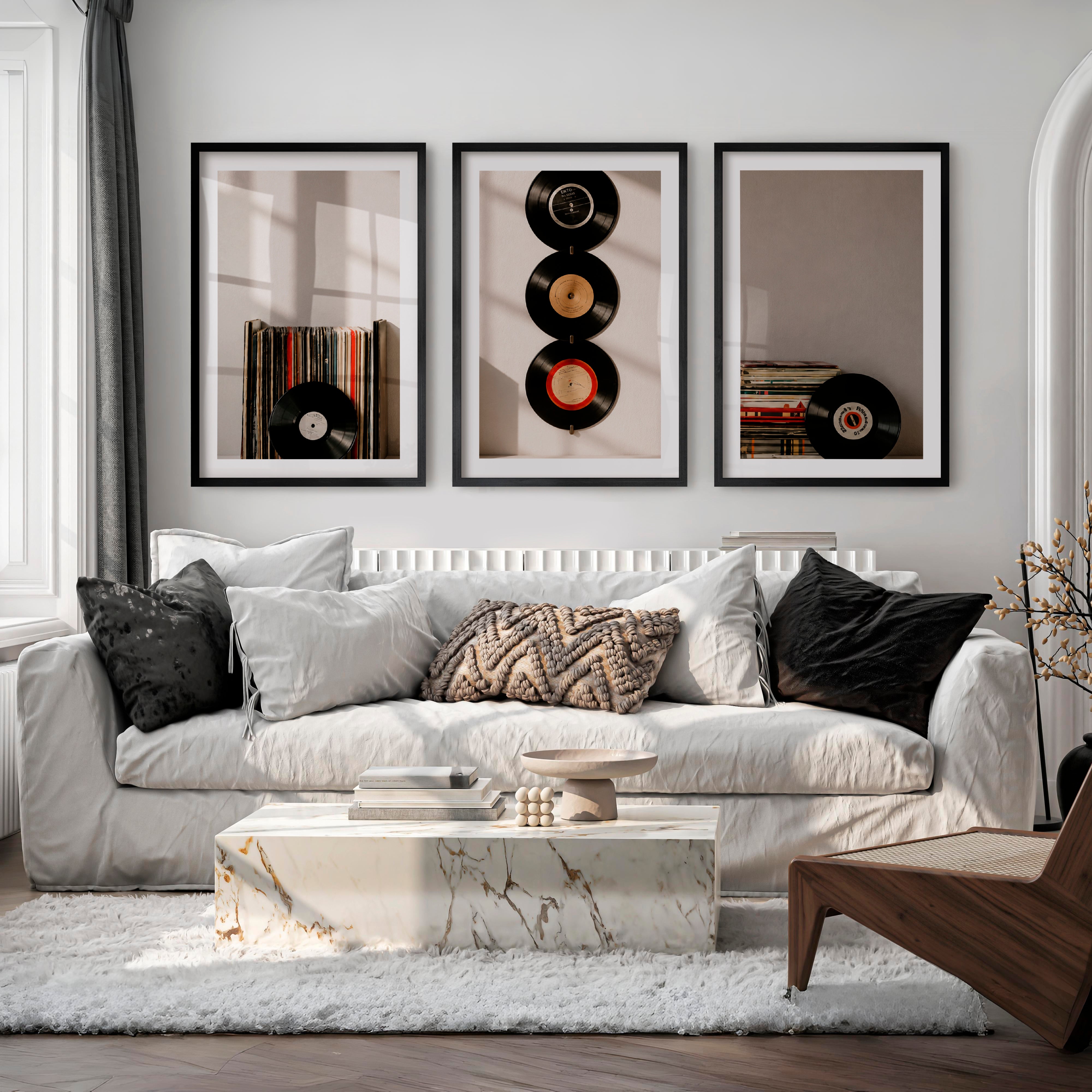 Retro Pictures for Wall with Hanging Vinyl Records - Black Framed Poster with White Border - Artworksets