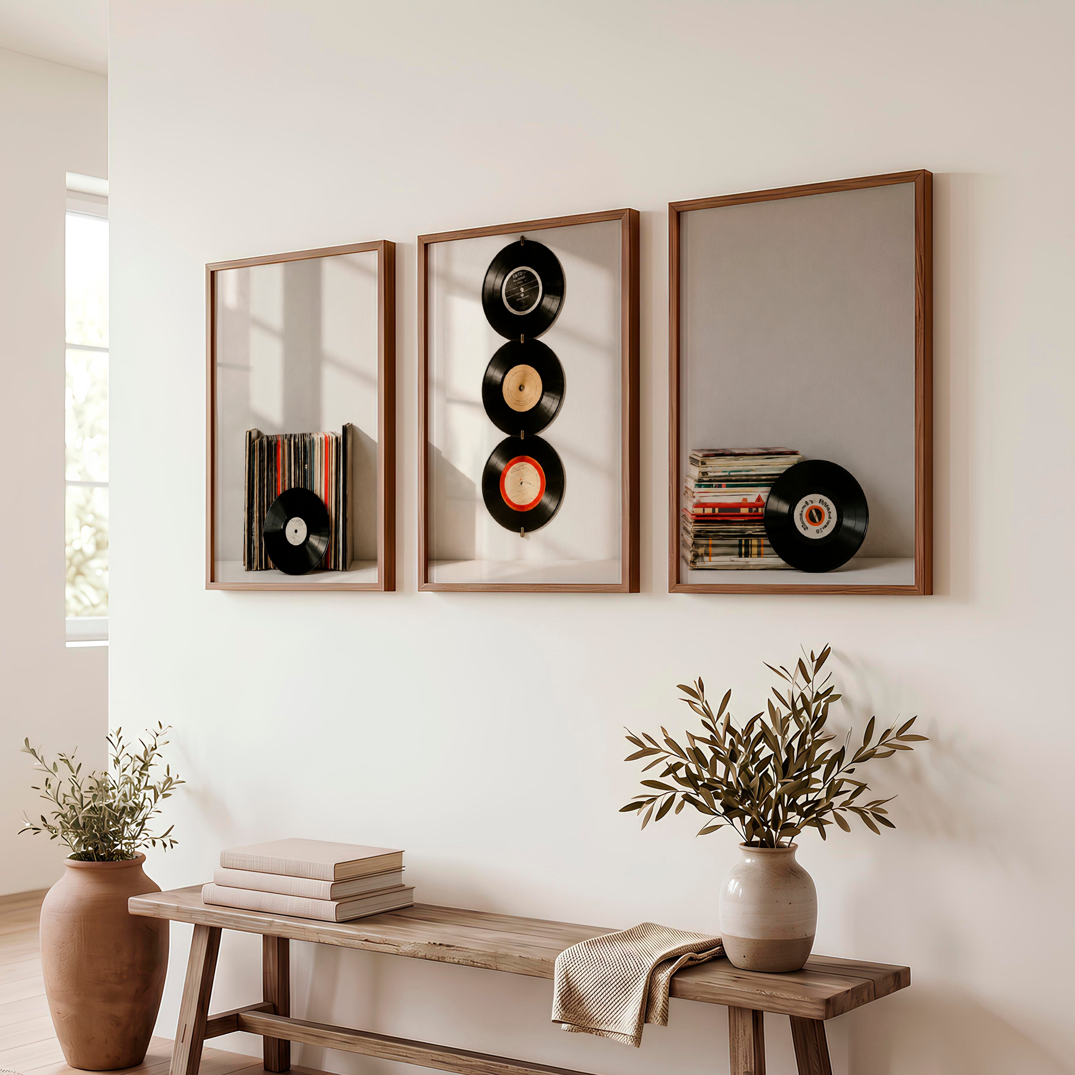 Retro Pictures for Wall with Hanging Vinyl Records - Dark Brown Framed Poster No Border - Artworksets