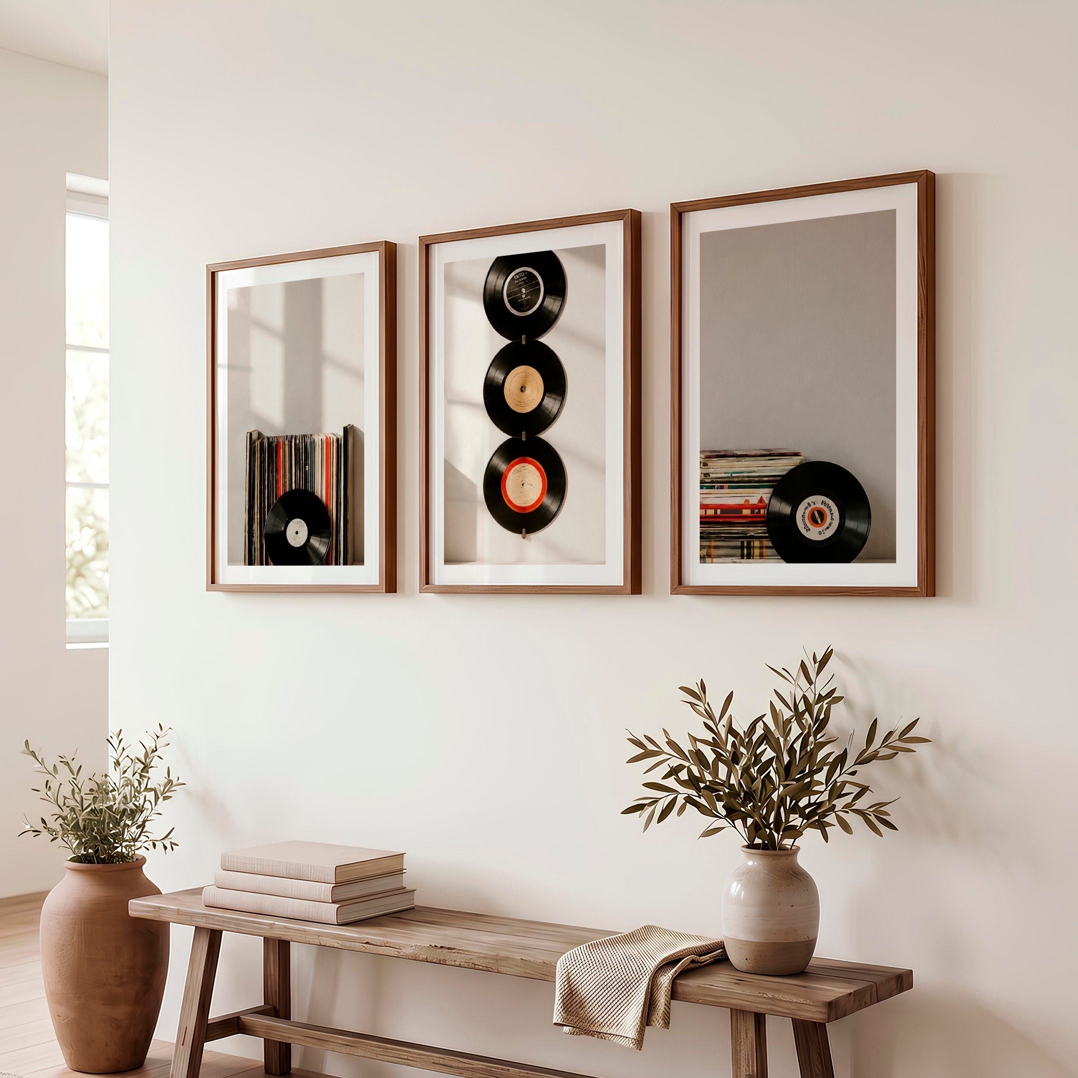 Retro Pictures for Wall with Hanging Vinyl Records - Dark Brown Framed Poster with White Border - Artworksets