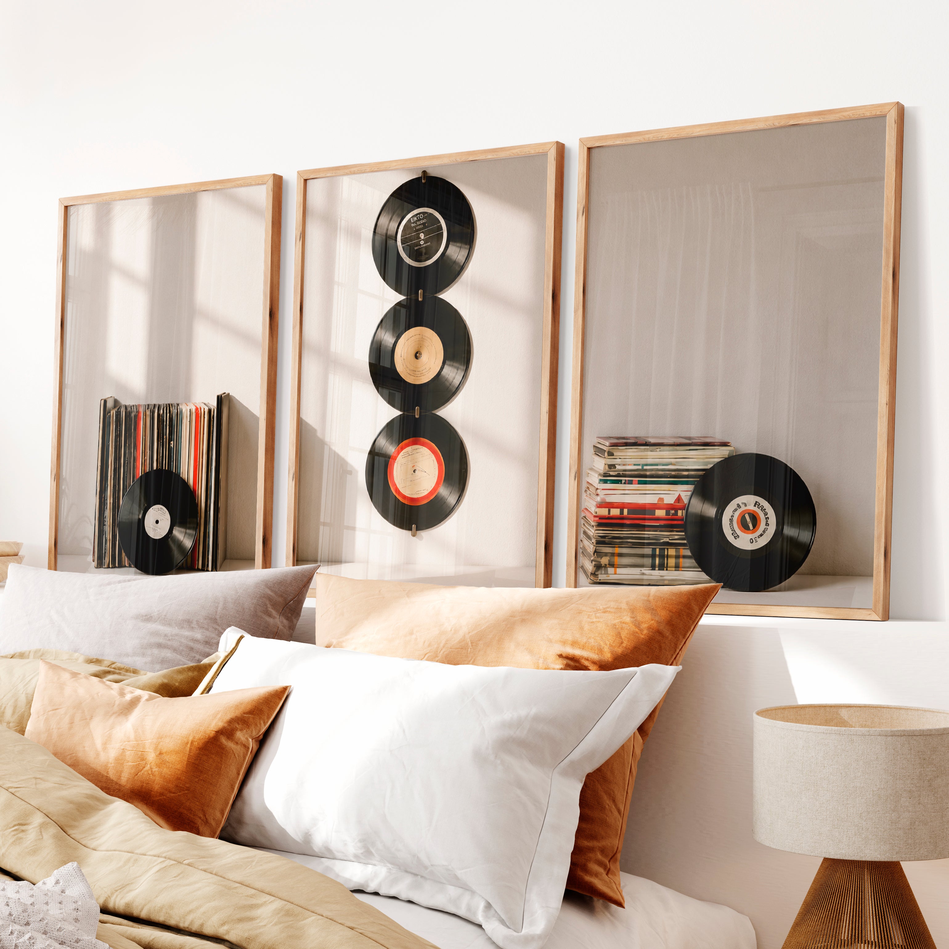 Retro Pictures for Wall with Hanging Vinyl Records - Natural Wood Framed Poster No Border - Artworksets