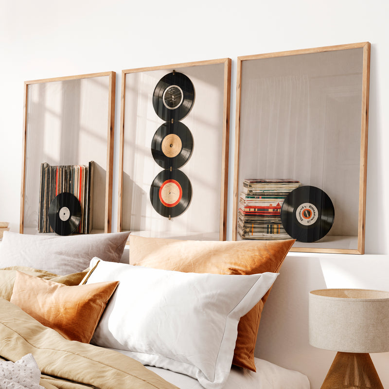 Retro Pictures for Wall with Hanging Vinyl Records - Natural Wood Framed Poster No Border - Artworksets
