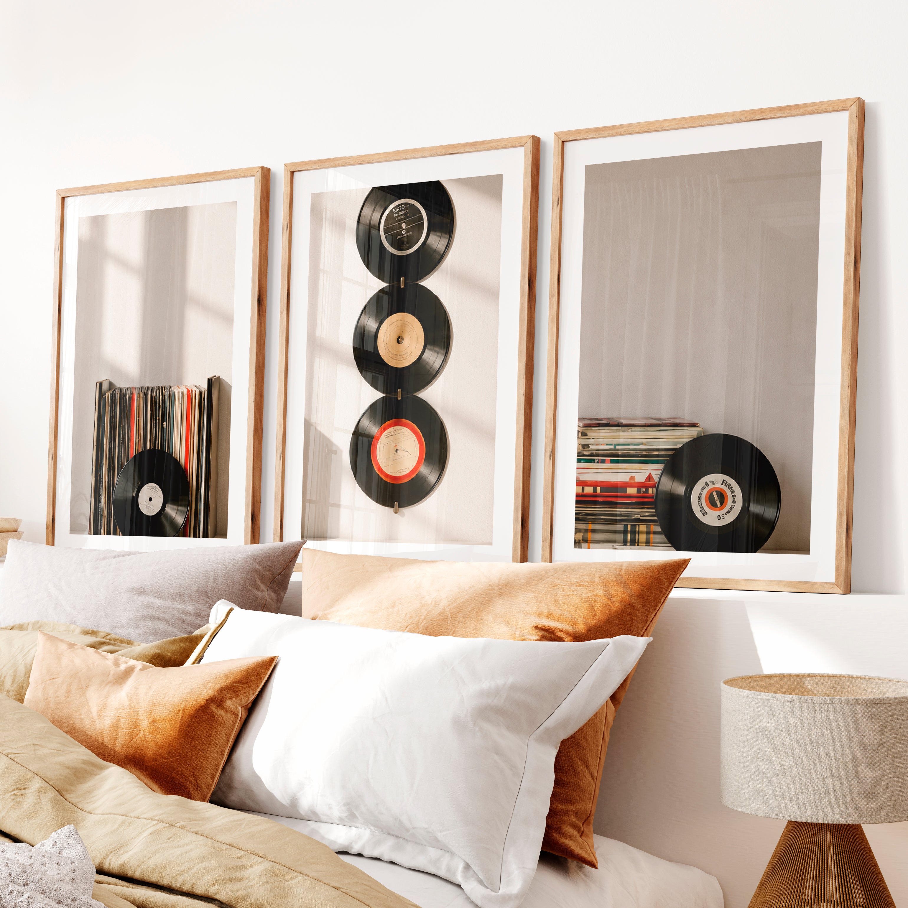 Retro Pictures for Wall with Hanging Vinyl Records- Natural Wood Framed Poster with White Border - Artworksets