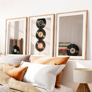 Retro Pictures for Wall with Hanging Vinyl Records- Natural Wood Framed Poster with White Border - Artworksets