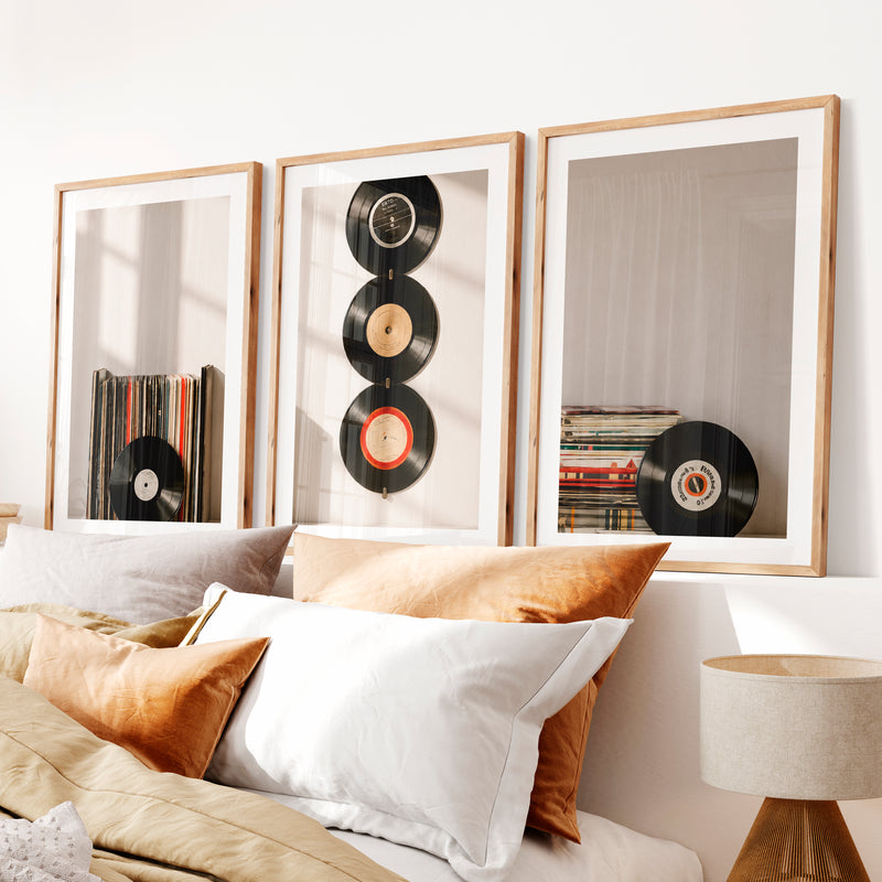 Retro Pictures for Wall with Hanging Vinyl Records- Natural Wood Framed Poster with White Border - Artworksets