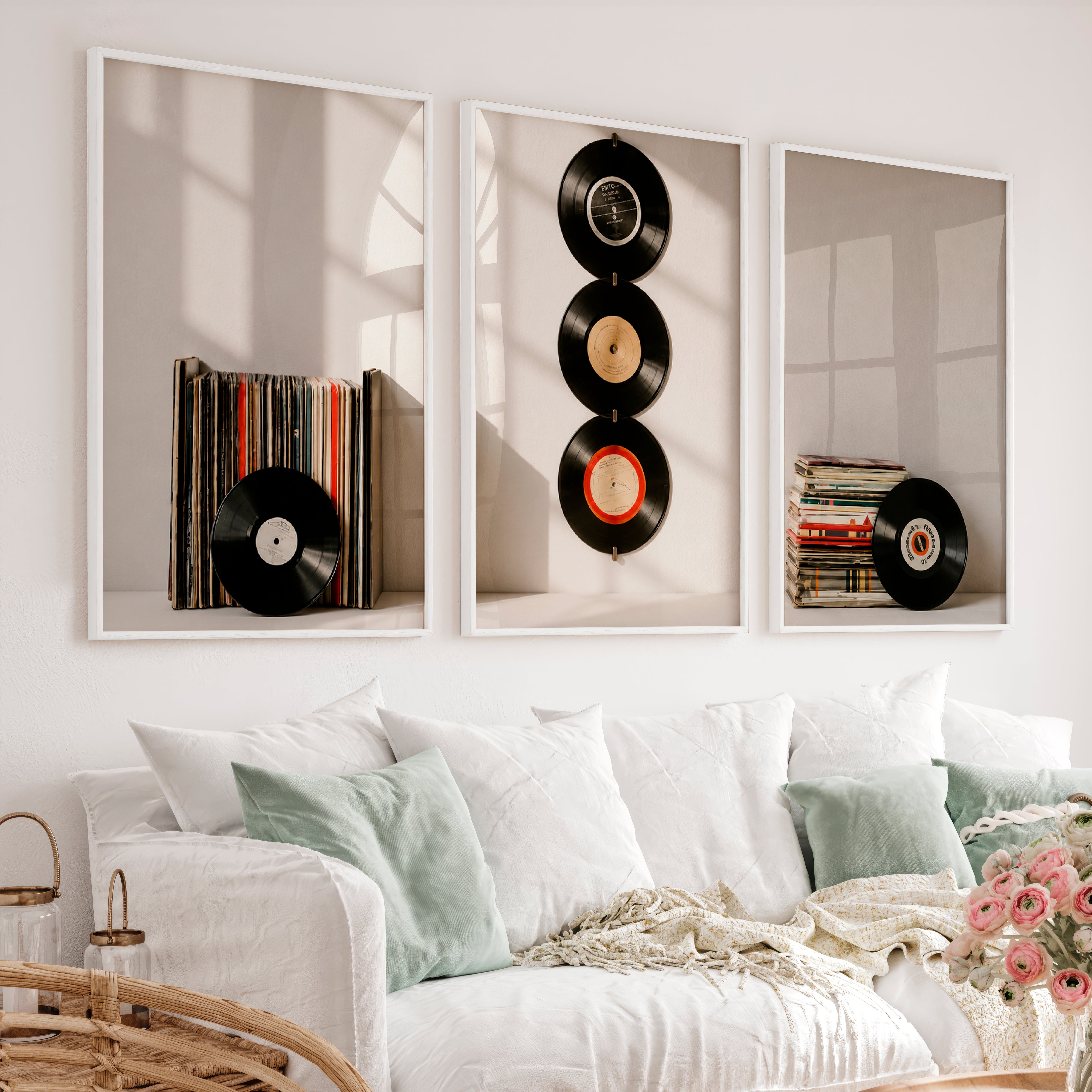 Retro Pictures for Wall with Hanging Vinyl Records - White Framed Poster No Border - Artworksets