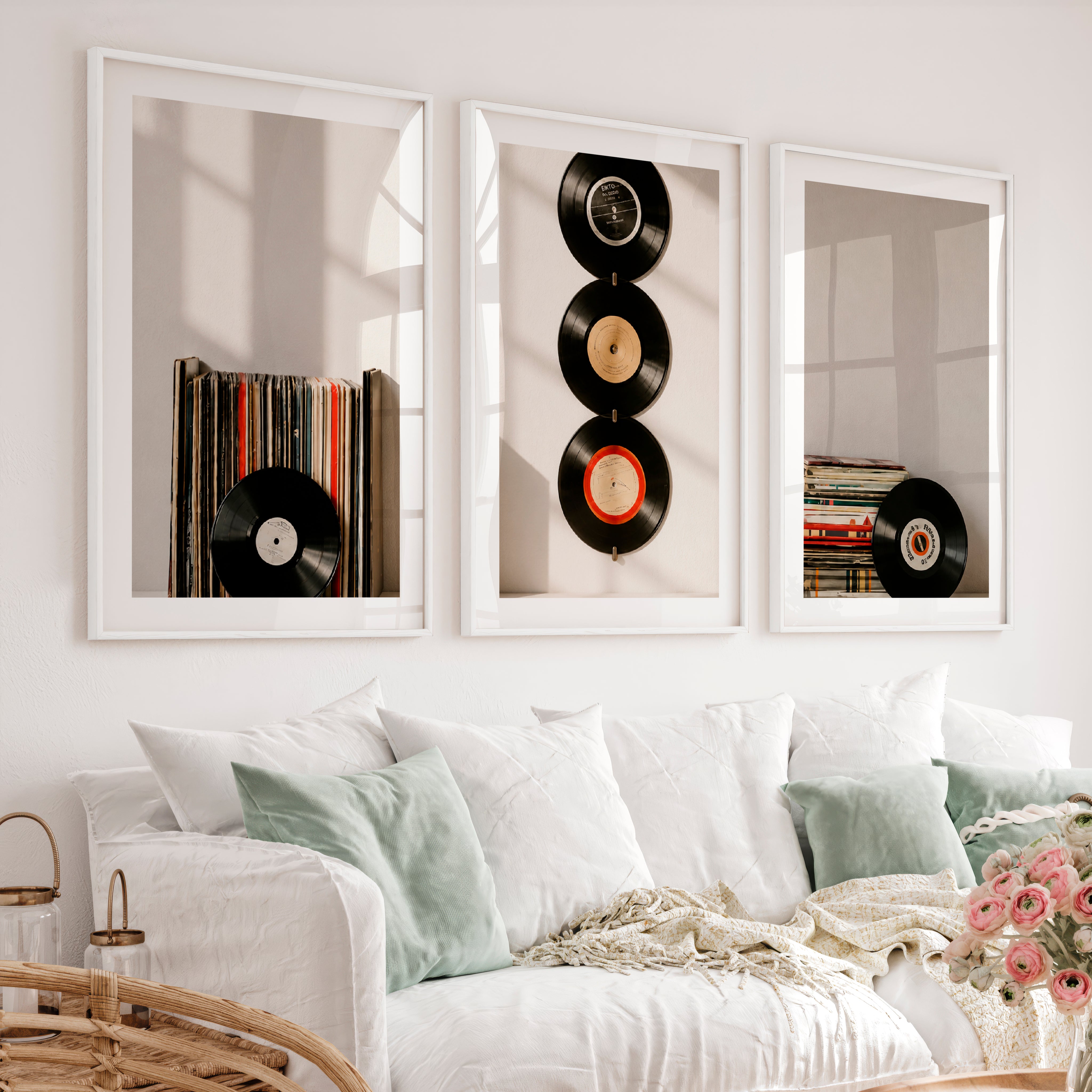 Retro Pictures for Wall with Hanging Vinyl Records - White Framed Poster with White Border - Artworksets