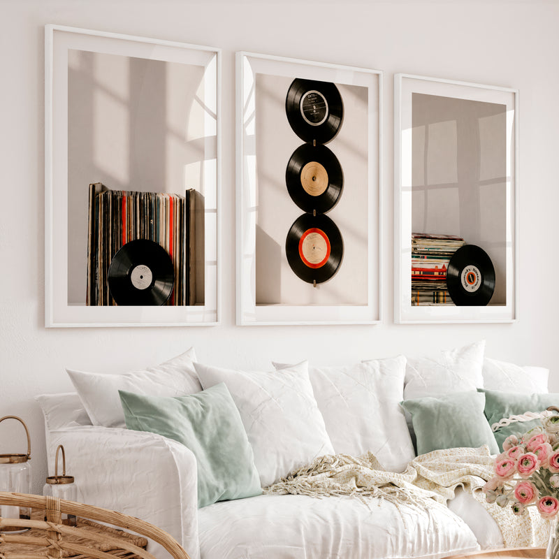 Retro Pictures for Wall with Hanging Vinyl Records - White Framed Poster with White Border - Artworksets