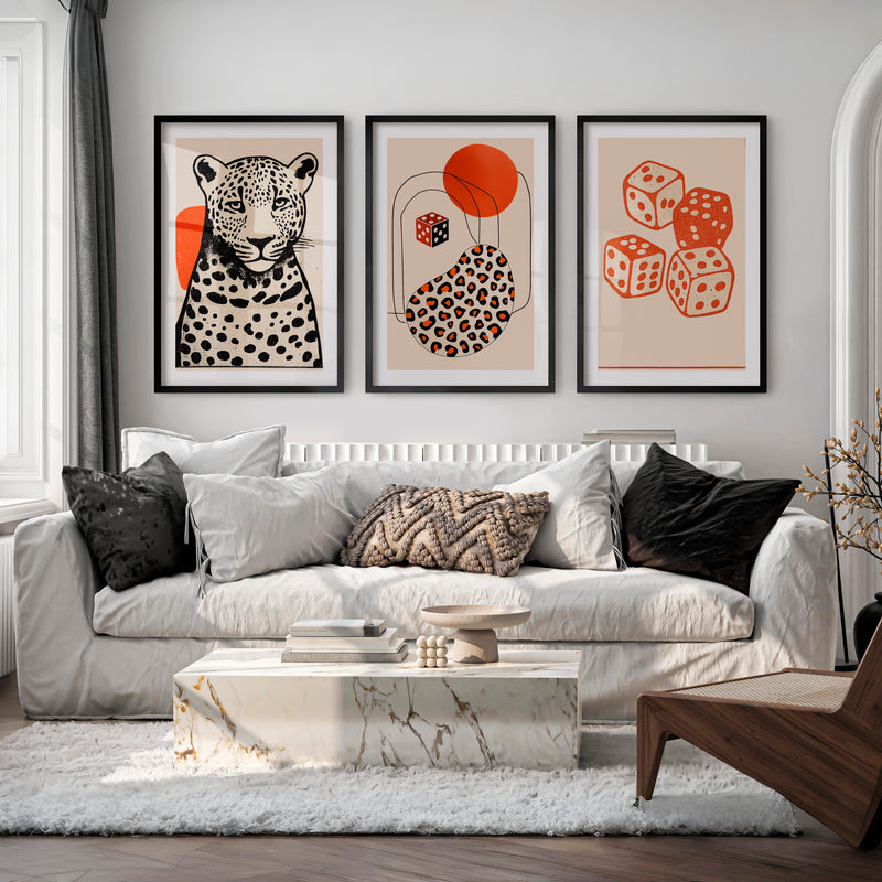 Leopard and Dice Retro Poster Prints - Black Framed Poster with White Border - Artworksets