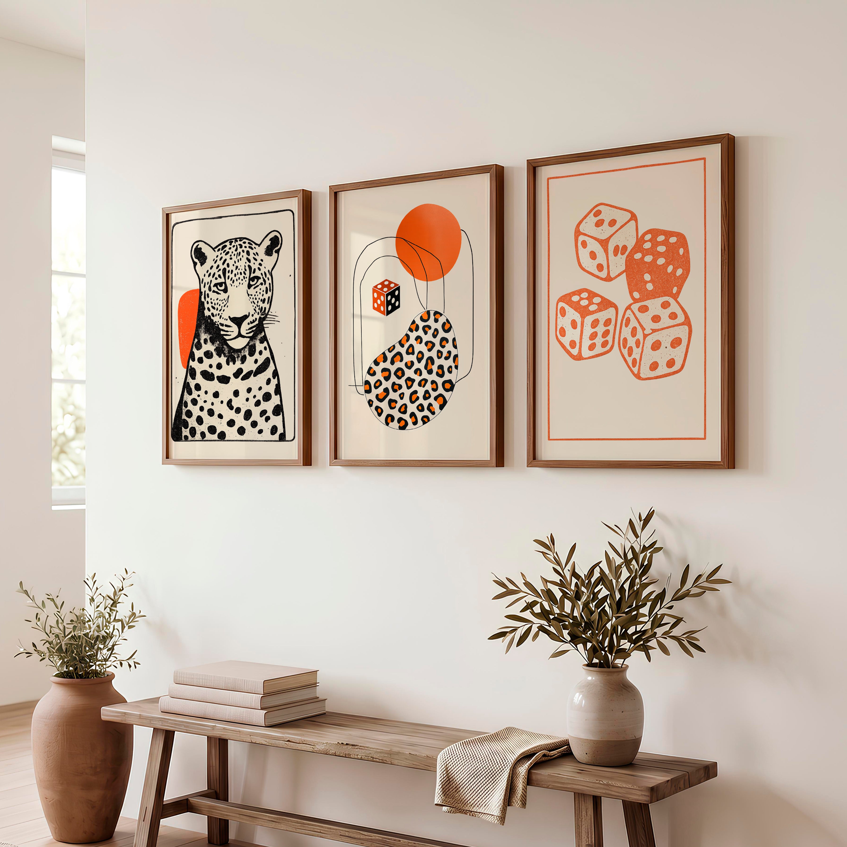 Leopard and Dice Retro Poster Prints - Dark Brown Framed Poster No Border - Artworksets