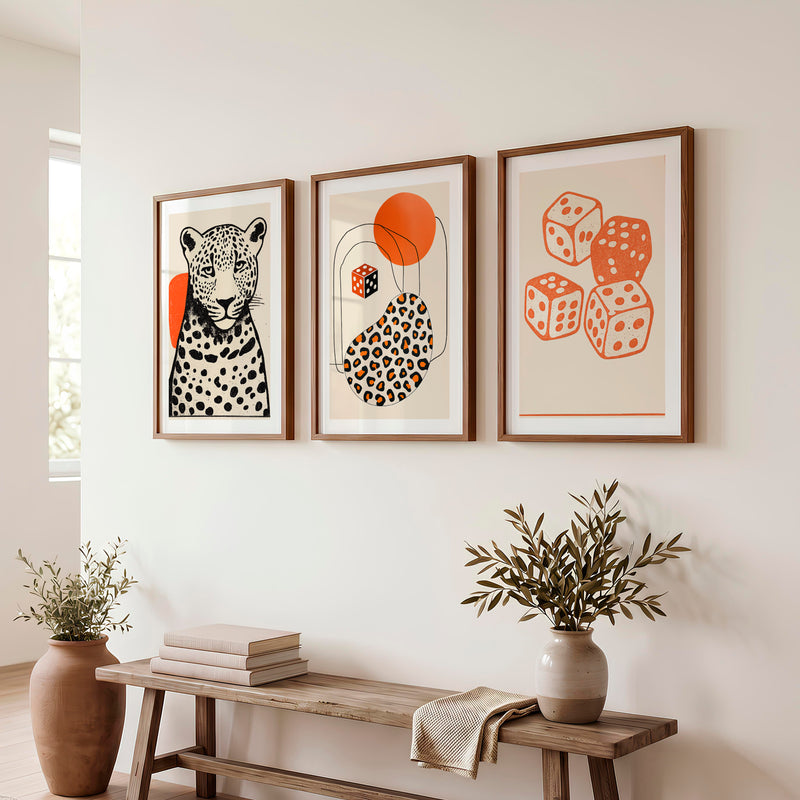 Leopard and Dice Retro Poster Prints - Dark Brown Framed Poster with White Border - Artworksets