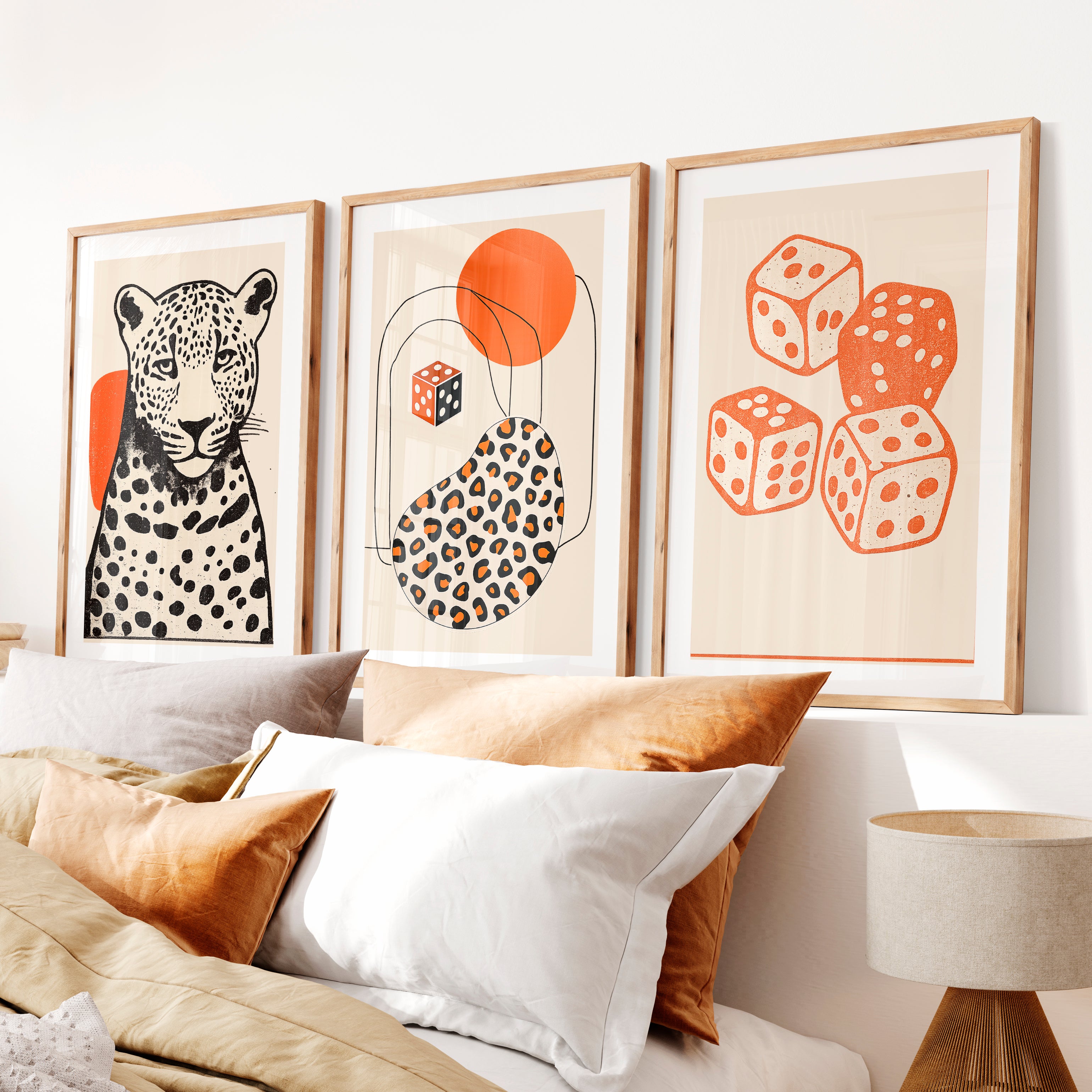 Leopard and Dice Retro Poster Prints- Natural Wood Framed Poster with White Border - Artworksets