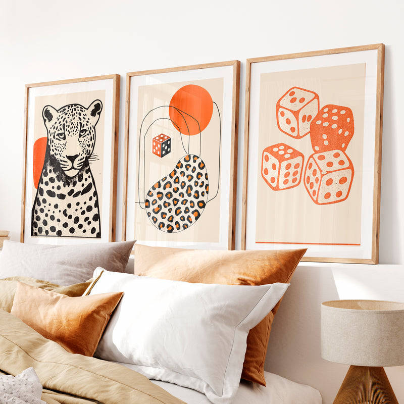 Leopard and Dice Retro Poster Prints- Natural Wood Framed Poster with White Border - Artworksets