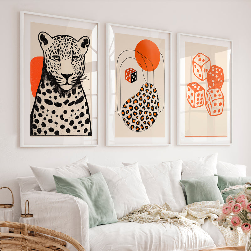 Leopard and Dice Retro Poster Prints - White Framed Poster with White Border - Artworksets