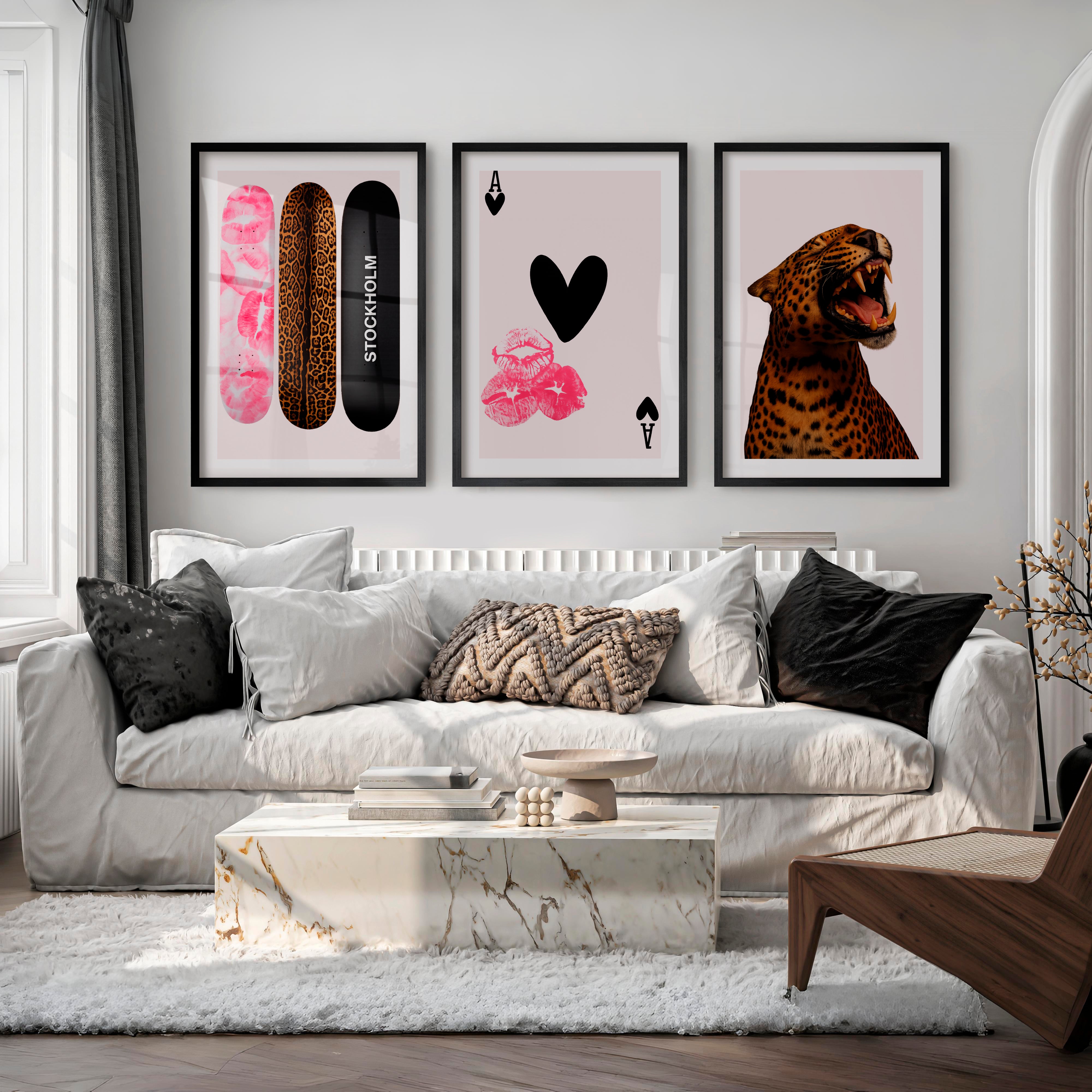 Leopard Skateboard retro poster prints - Black Framed Poster with White Border - Artworksets