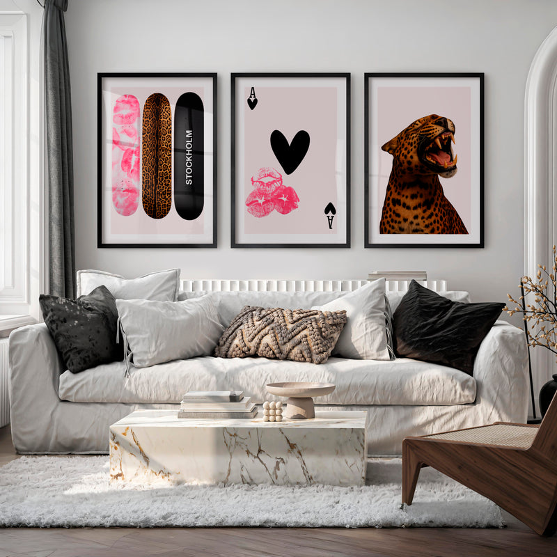 Leopard Skateboard retro poster prints - Black Framed Poster with White Border - Artworksets