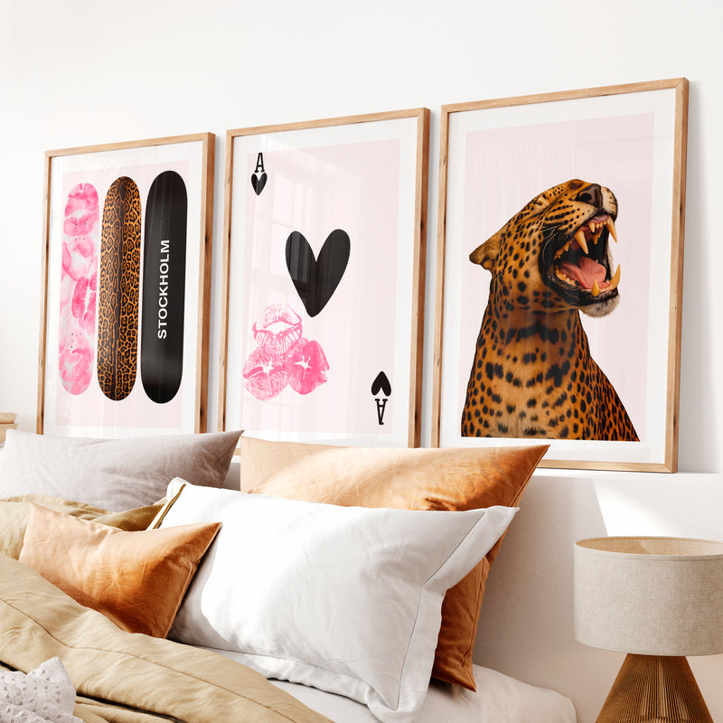 Leopard Skateboard retro poster prints- Natural Wood Framed Poster with White Border - Artworksets