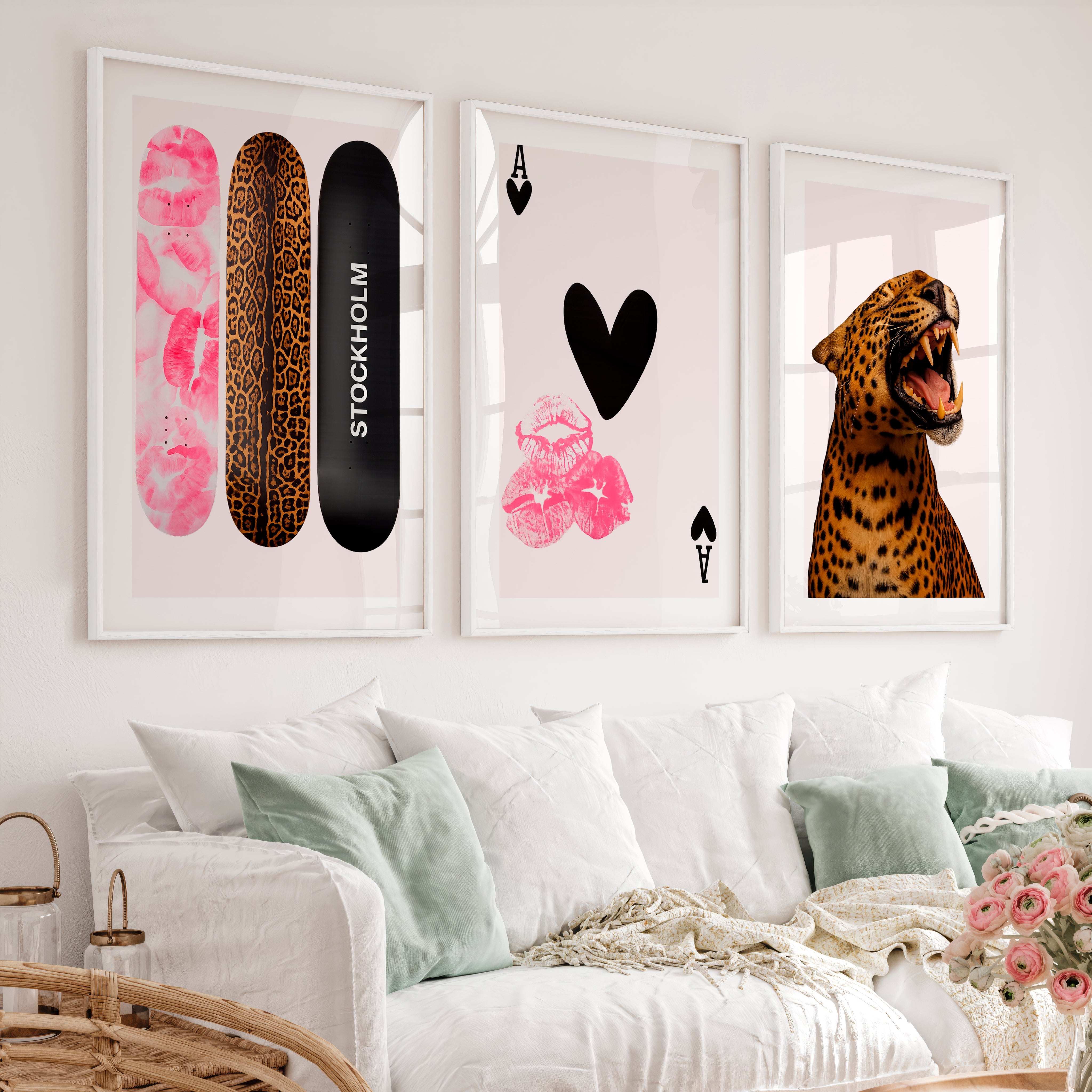 Leopard Skateboard retro poster prints - White Framed Poster with White Border - Artworksets