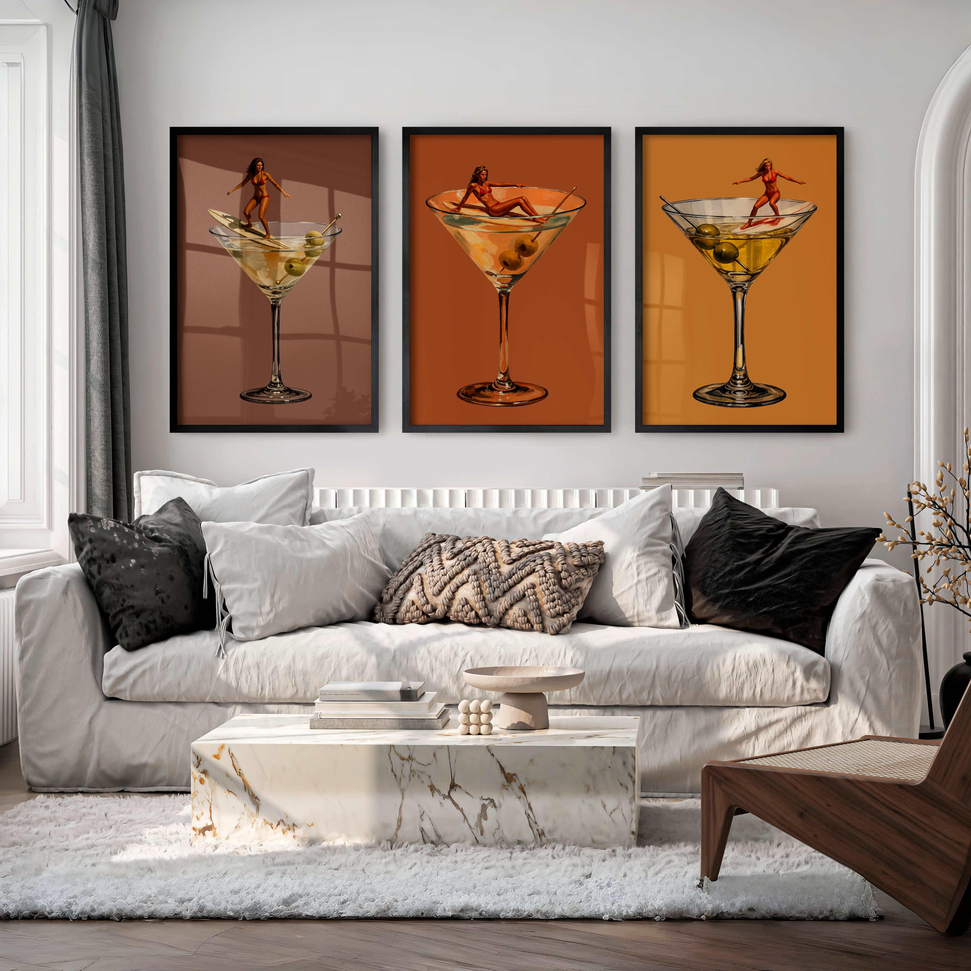 Martini Surfer retro poster prints - Black Framed Poster No Border - Artworksets