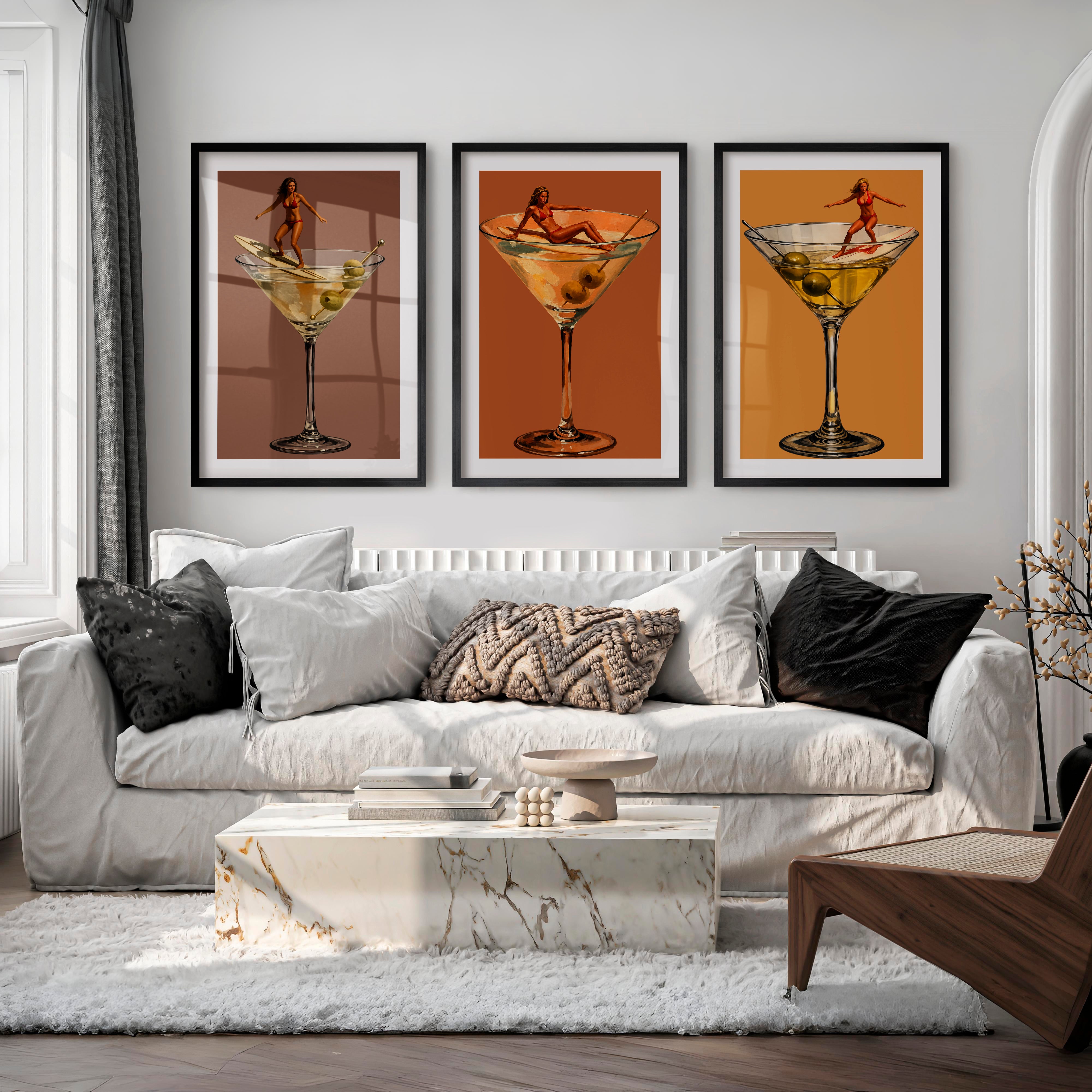 Martini Surfer retro poster prints - Black Framed Poster with White Border - Artworksets