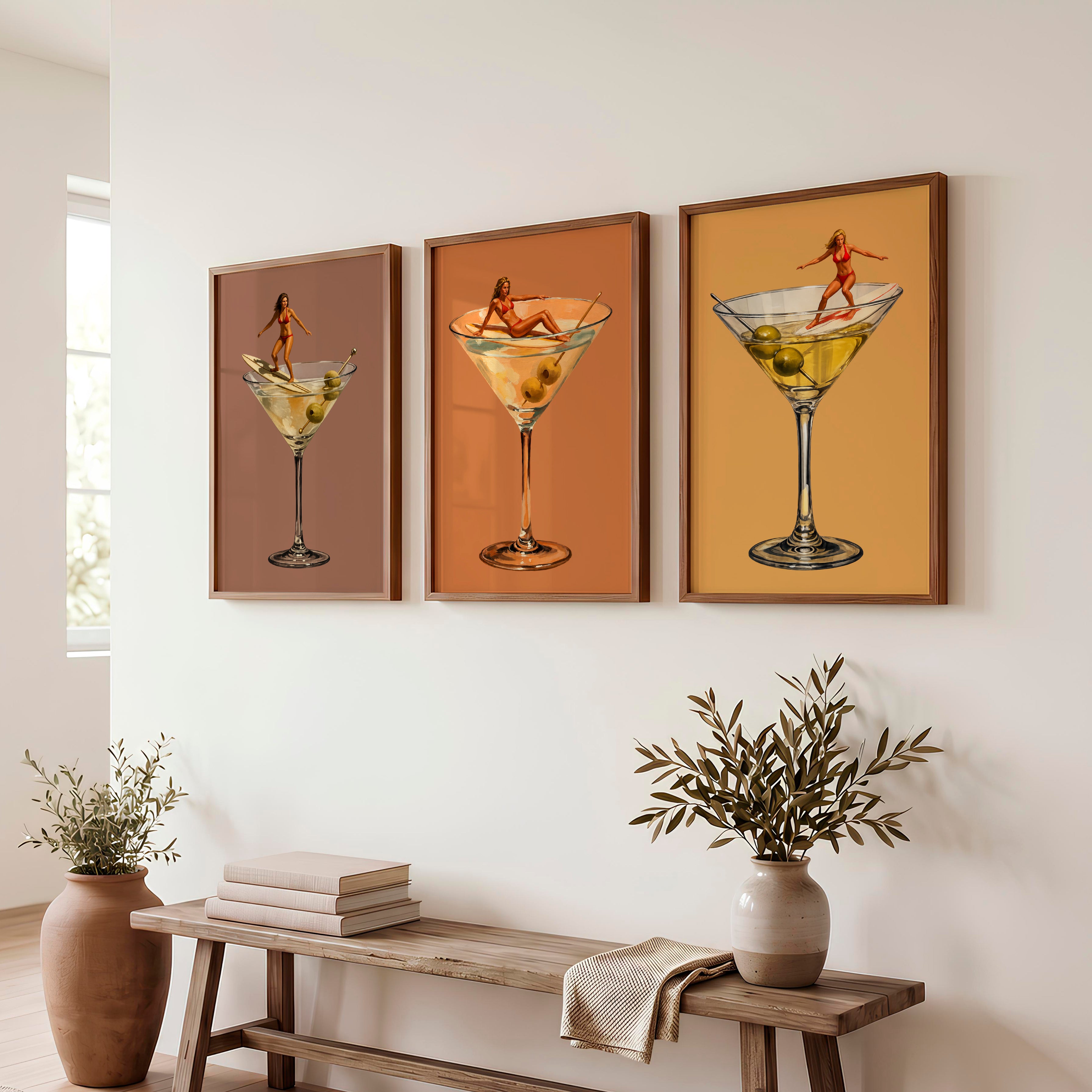 Martini Surfer retro poster prints - Dark Brown Framed Poster No Border - Artworksets