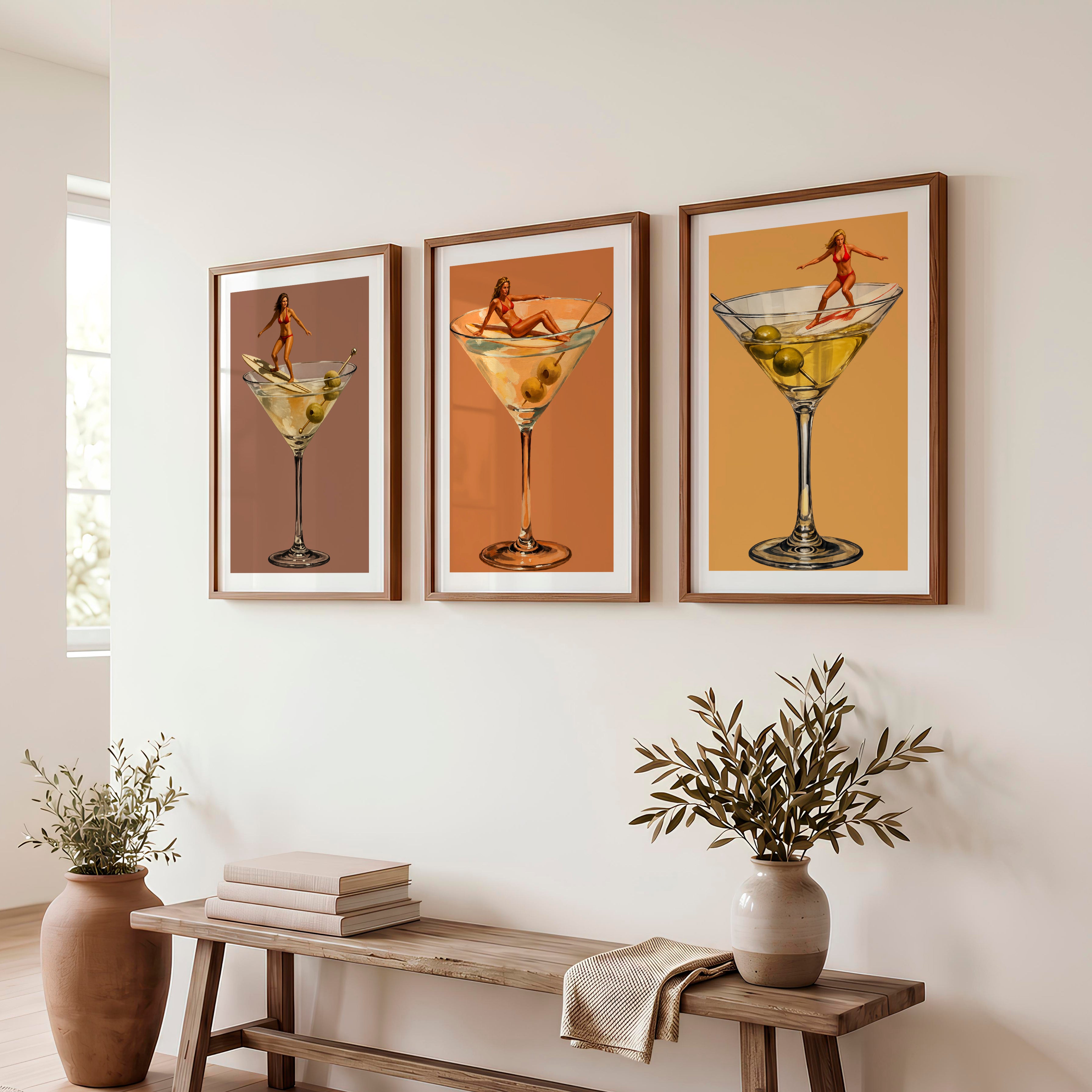 Martini Surfer retro poster prints - Dark Brown Framed Poster with White Border - Artworksets