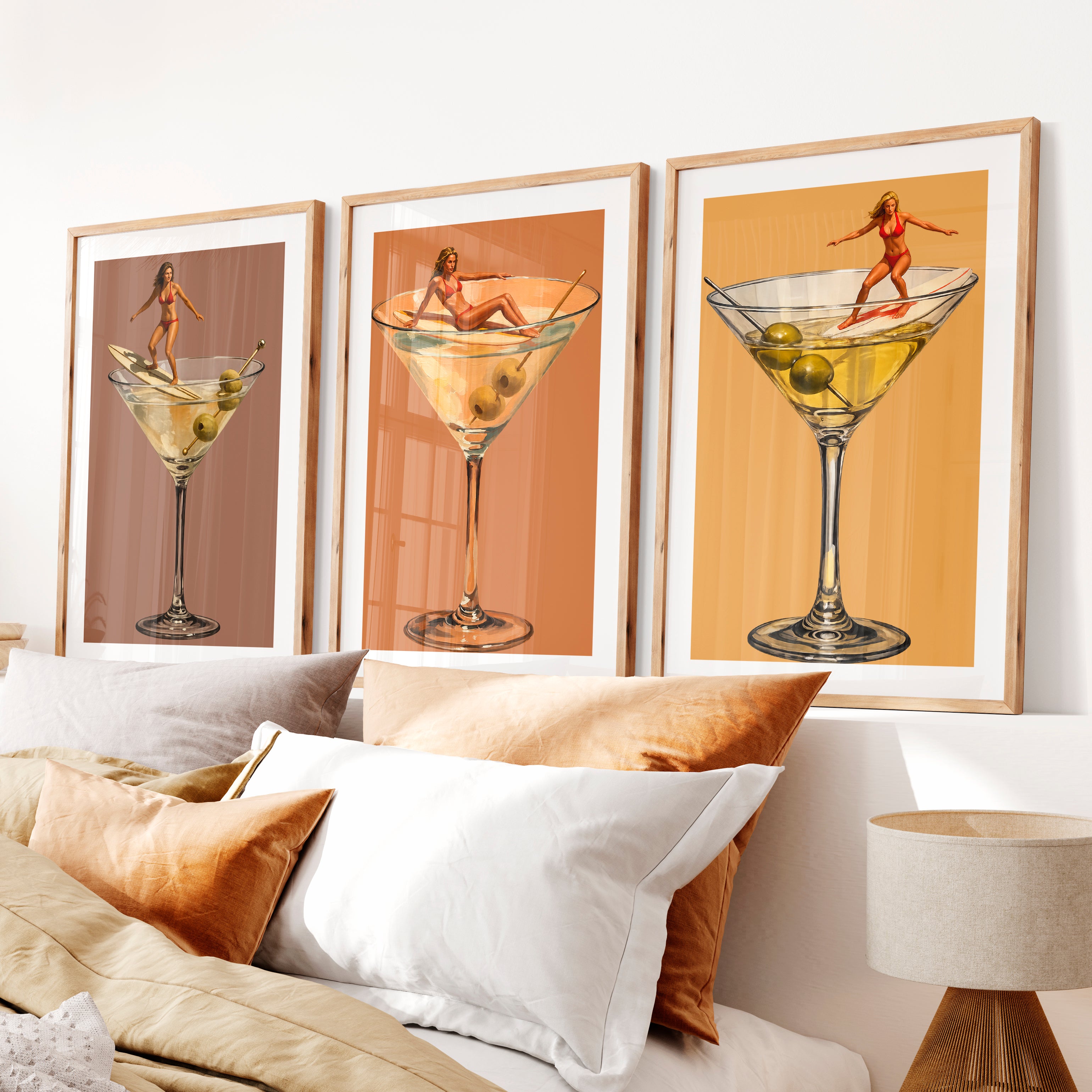 Martini Surfer retro poster prints- Natural Wood Framed Poster with White Border - Artworksets