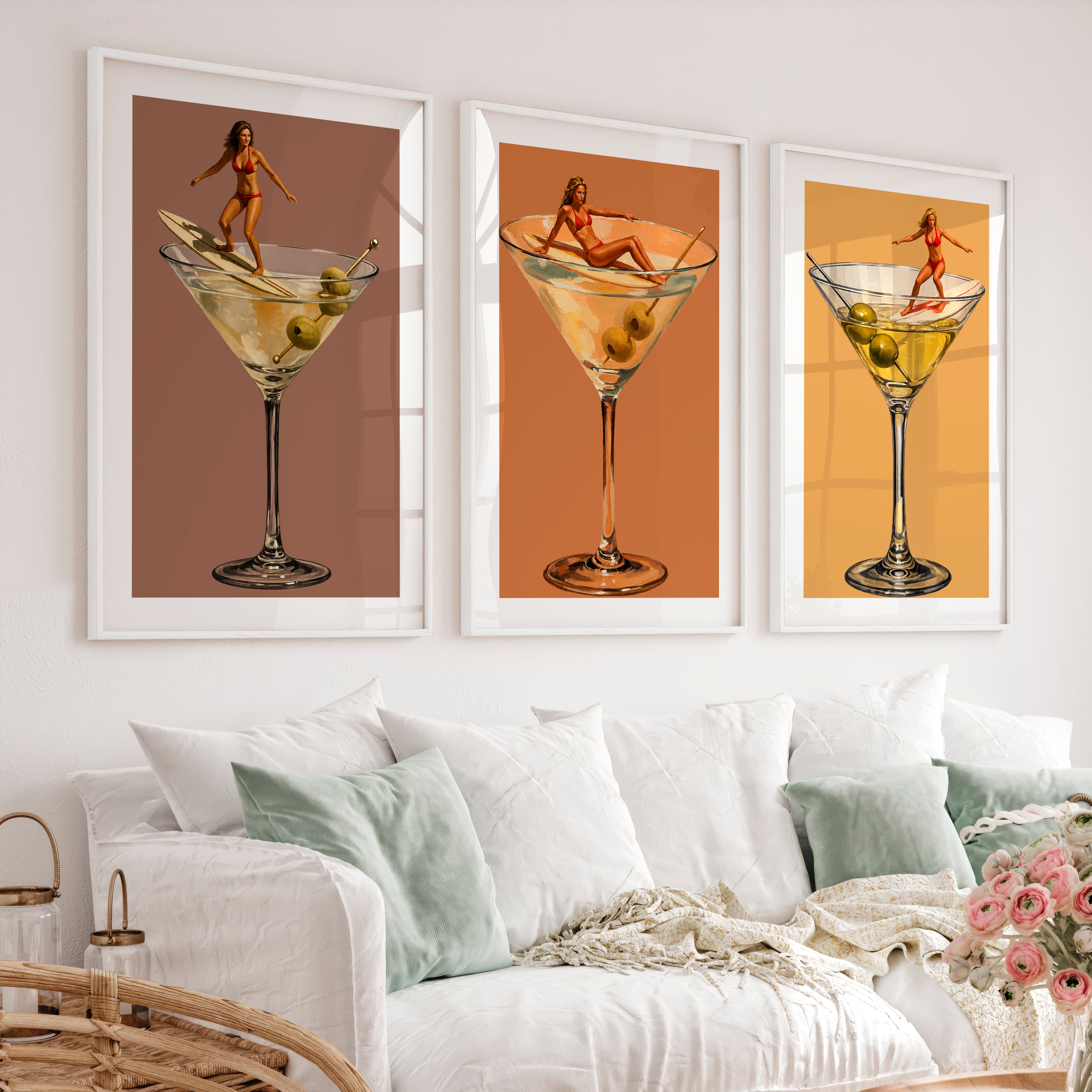 Martini Surfer retro poster prints - White Framed Poster with White Border - Artworksets