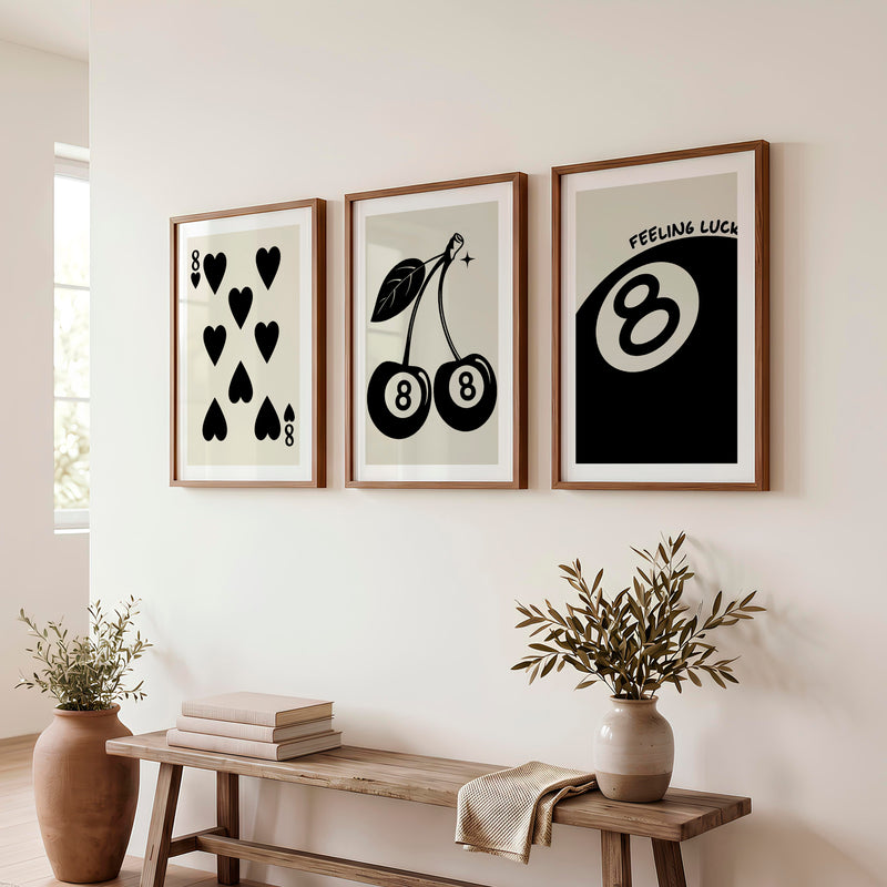 8 Ball Cherries Retro Poster Wall Print - Dark Brown Framed Poster with White Border - Artworksets