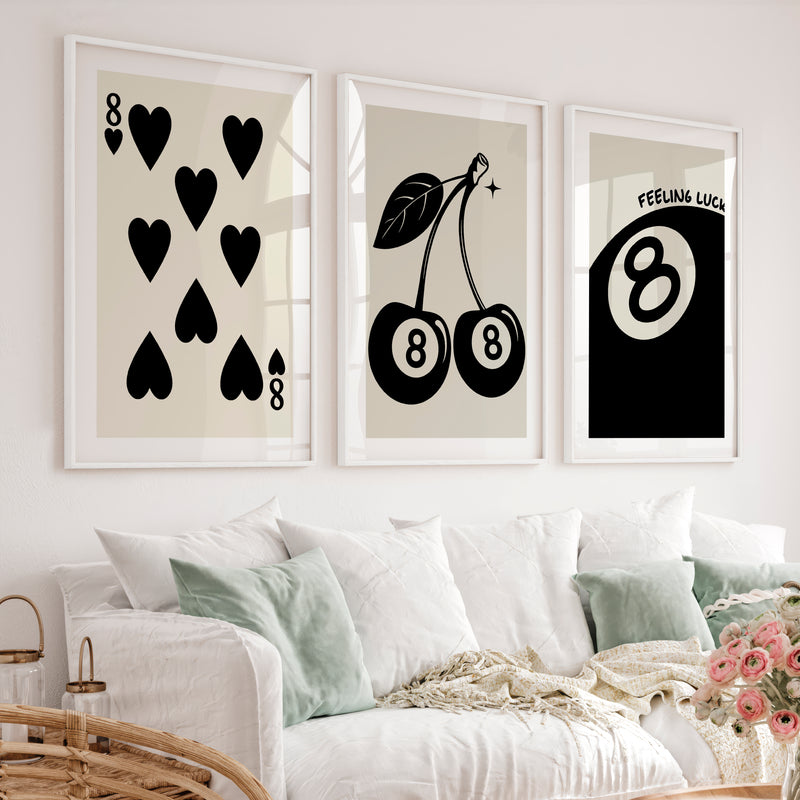 8 Ball Cherries Retro Poster Wall Print - White Framed Poster with White Border - Artworksets