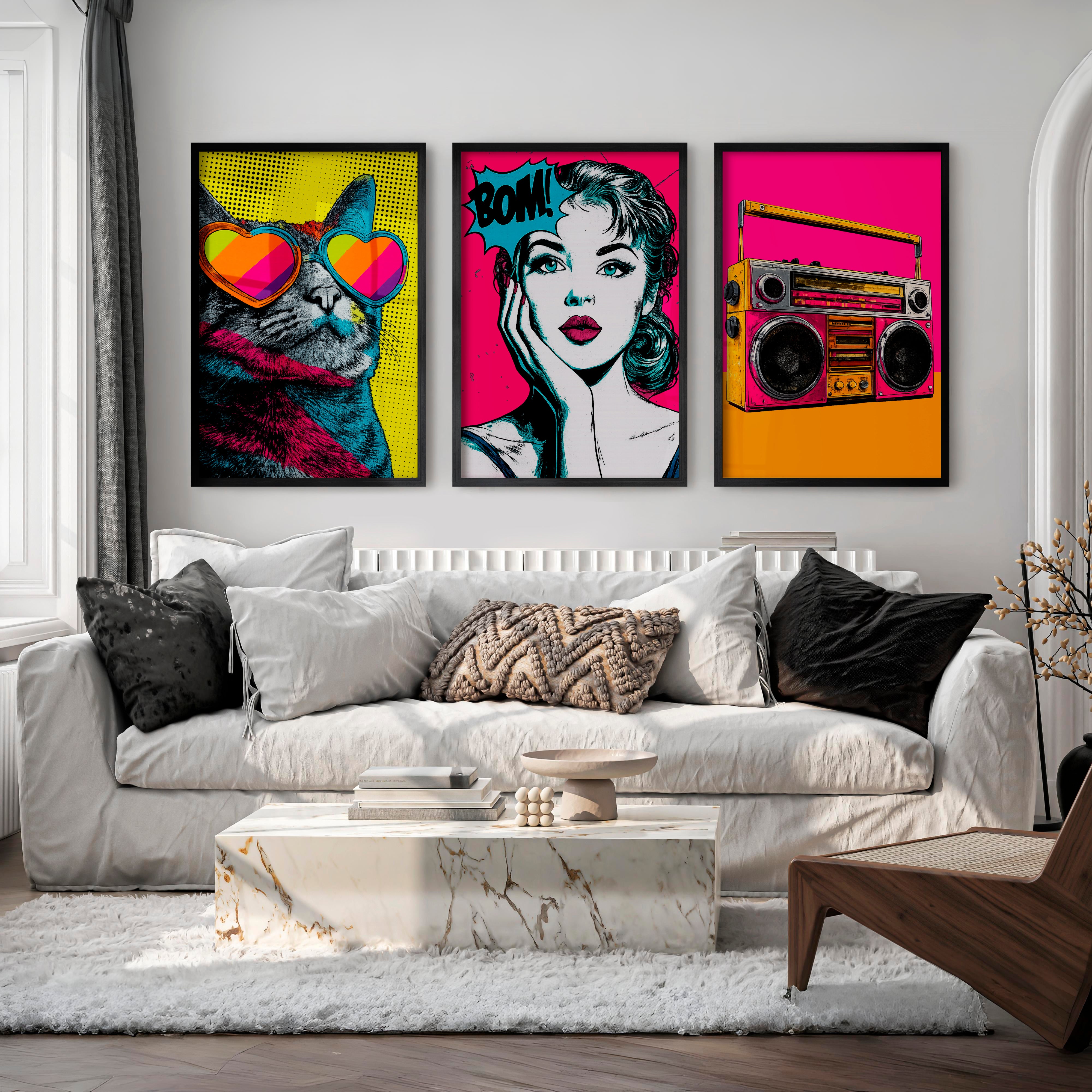 Retro Poster Wall Art with Pop Art Cat and Boombox - Black Framed Poster No Border - Artworksets