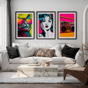 Retro Poster Wall Art with Pop Art Cat and Boombox - Black Framed Poster with White Border - Artworksets