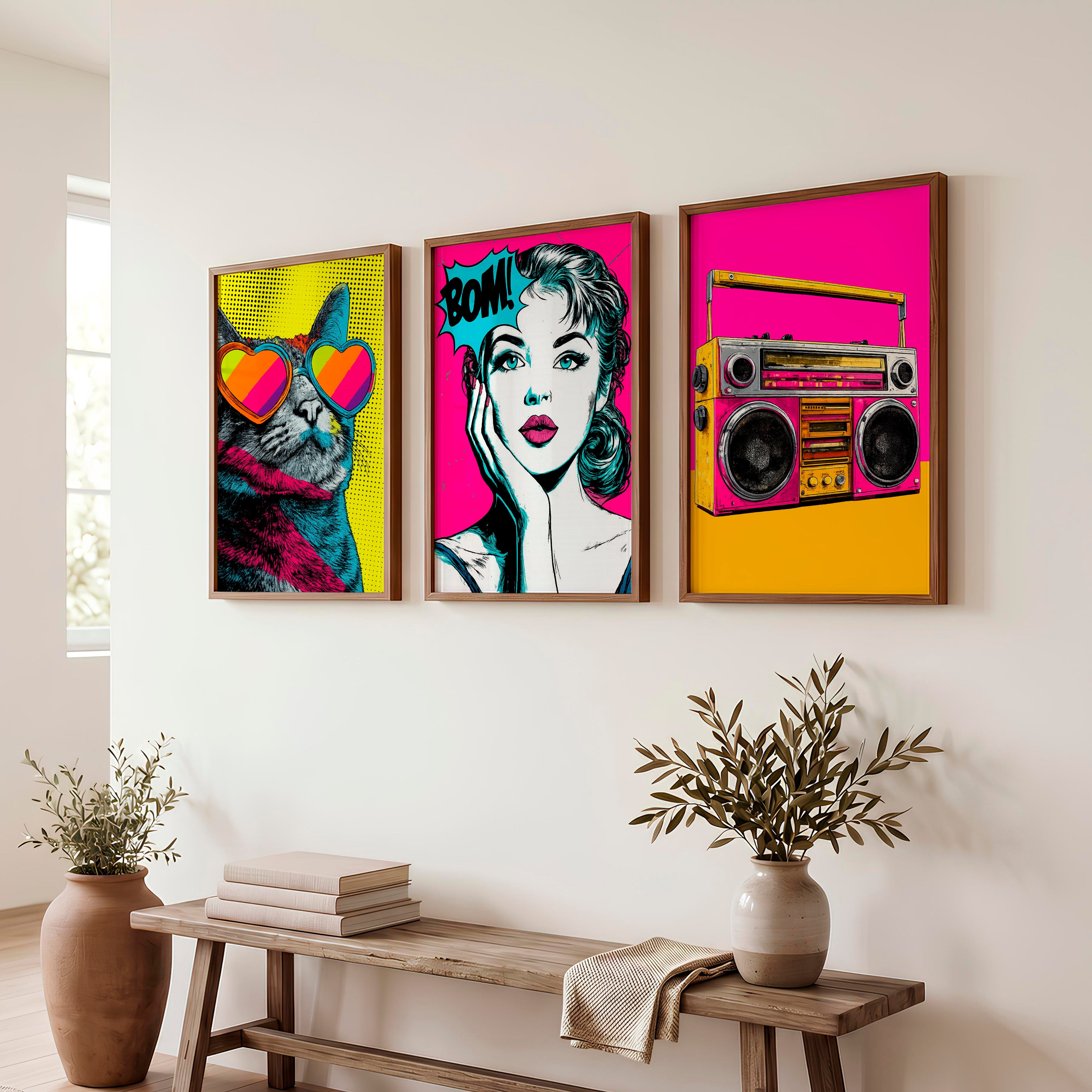 Retro Poster Wall Art with Pop Art Cat and Boombox - Dark Brown Framed Poster No Border - Artworksets
