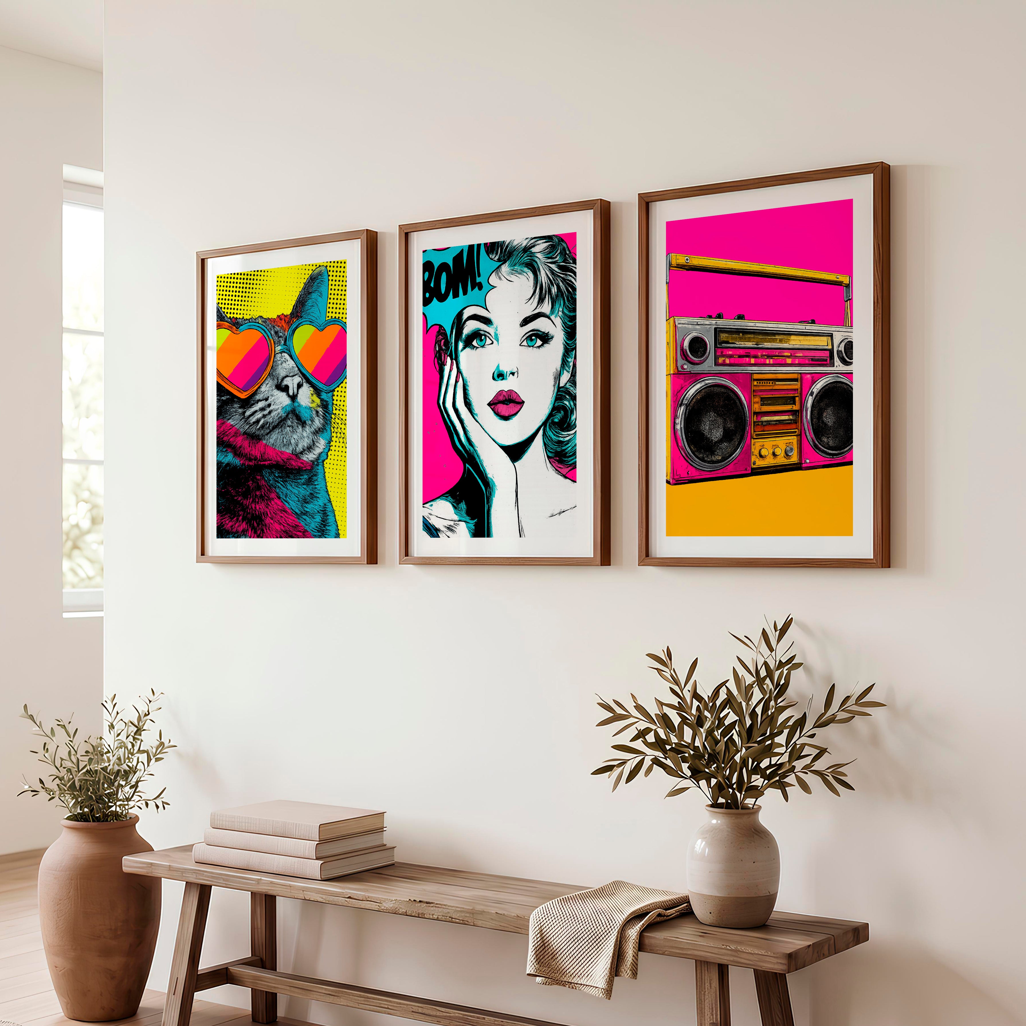 Retro Poster Wall Art with Pop Art Cat and Boombox - Dark Brown Framed Poster with White Border - Artworksets