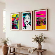 Retro Poster Wall Art with Pop Art Cat and Boombox - Dark Brown Framed Poster with White Border - Artworksets