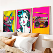 Retro Poster Wall Art with Pop Art Cat and Boombox - Natural Wood Framed Poster No Border - Artworksets