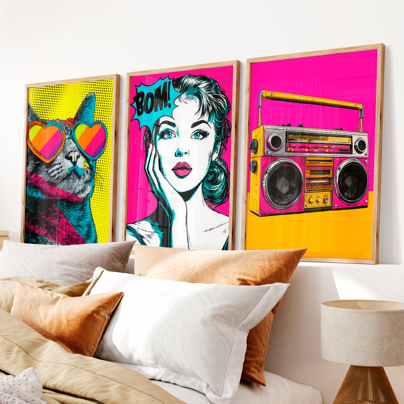 Retro Poster Wall Art with Pop Art Cat and Boombox - Natural Wood Framed Poster No Border - Artworksets