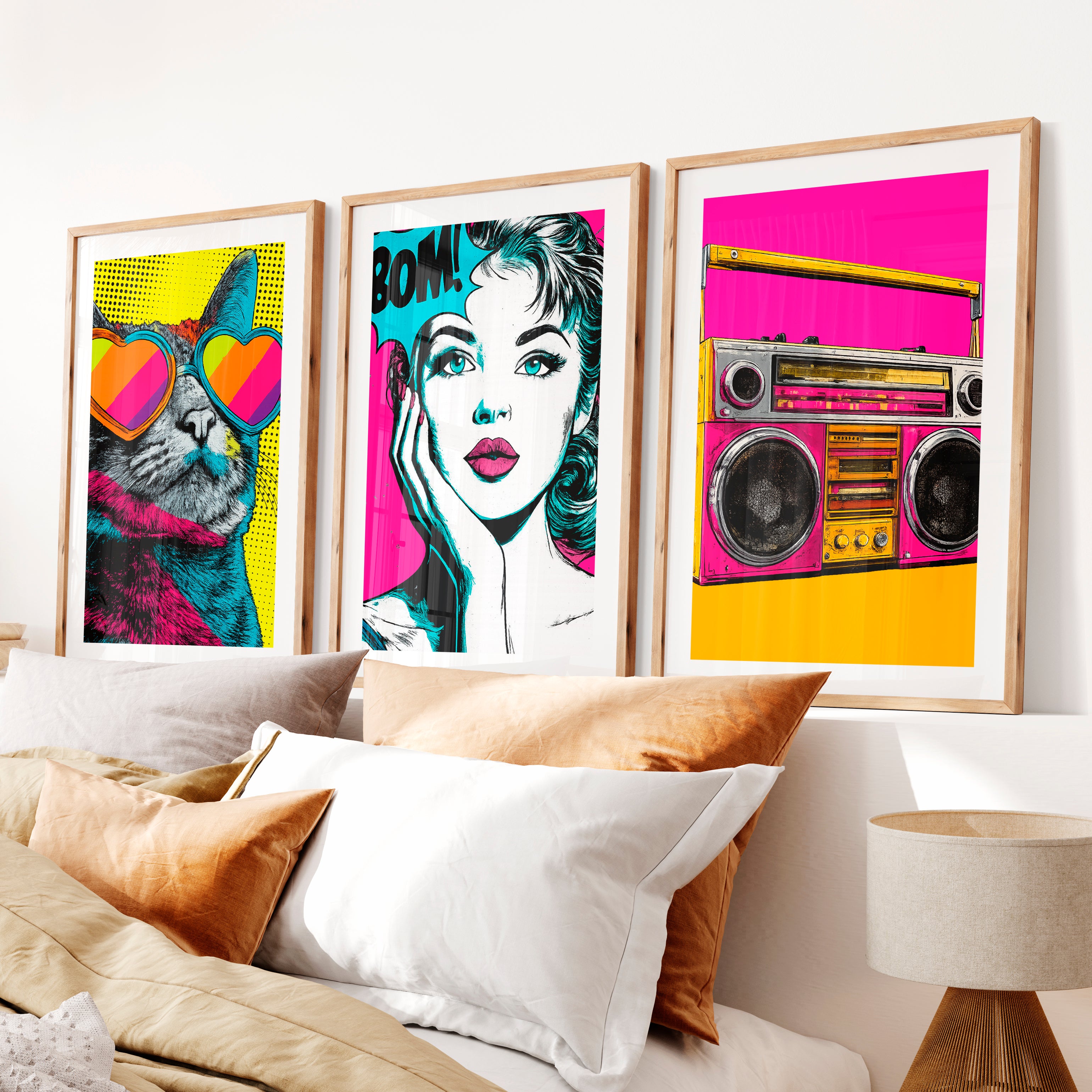 Retro Poster Wall Art with Pop Art Cat and Boombox- Natural Wood Framed Poster with White Border - Artworksets