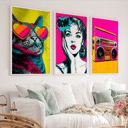 Retro Poster Wall Art with Pop Art Cat and Boombox - White Framed Poster No Border - Artworksets