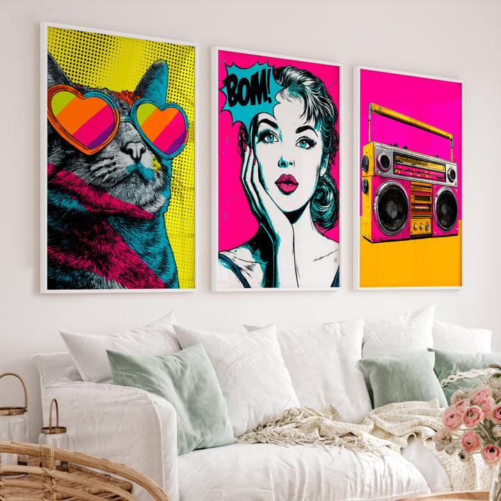Retro Poster Wall Art with Pop Art Cat and Boombox - White Framed Poster No Border - Artworksets